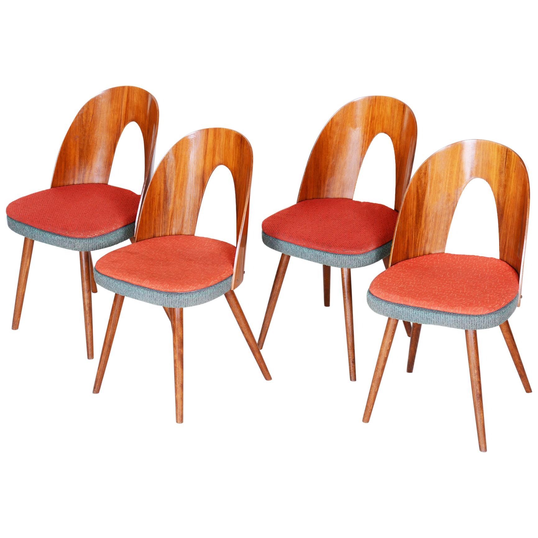 Czech Brown and Red Walnut Chairs, 4 Pieces, Architect Antonín Šuman, 1950s