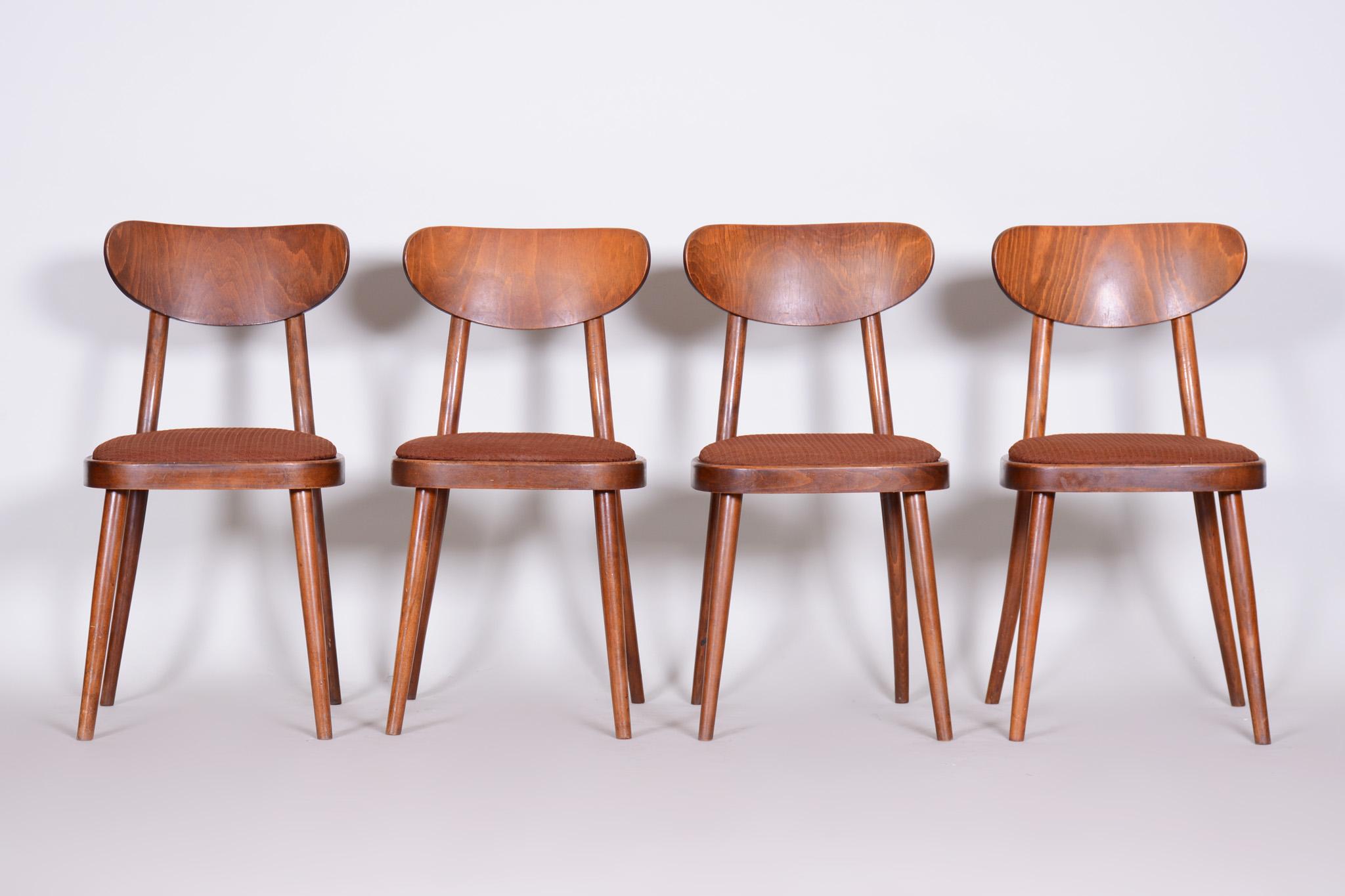 Mid-Century Modern Czech Brown Beech Midcentury Chairs, 4 Pieces, 1940s, Well Preserved Condition