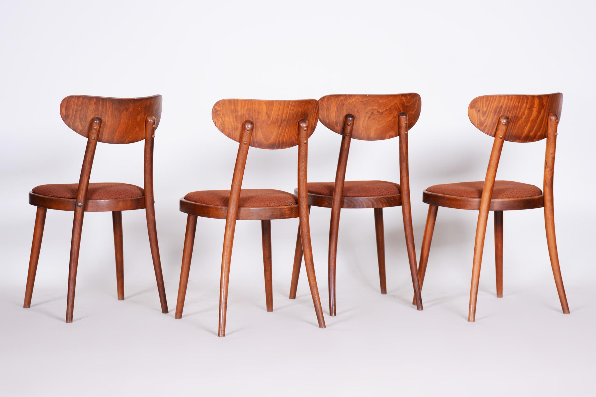 Fabric Czech Brown Beech Midcentury Chairs, 4 Pieces, 1940s, Well Preserved Condition