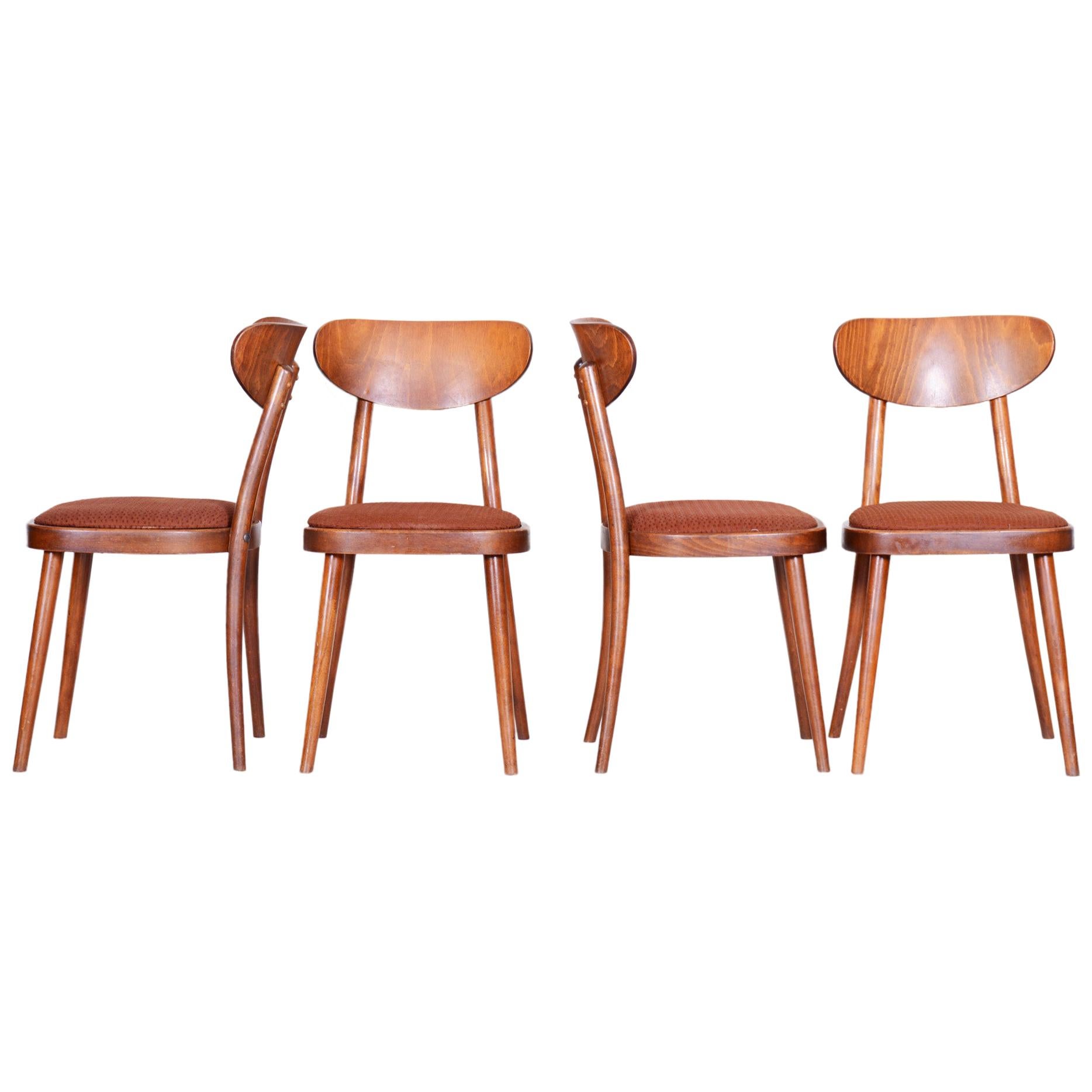 Czech Brown Beech Midcentury Chairs, 4 Pieces, 1940s, Well Preserved Condition