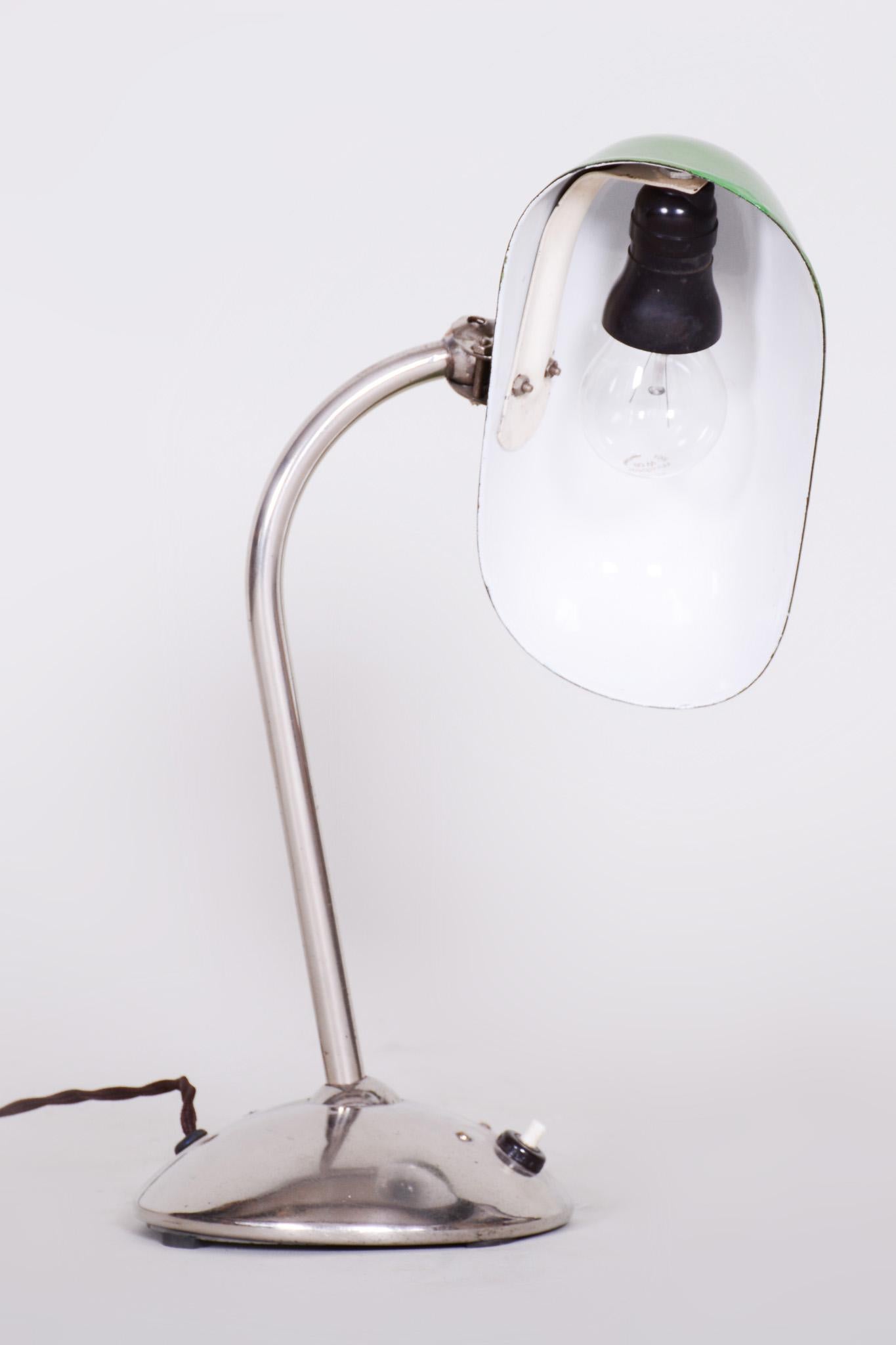 Mid-20th Century Czech Chrome Green Bauhaus Table Lamp, Restored and Electrified, 1930s