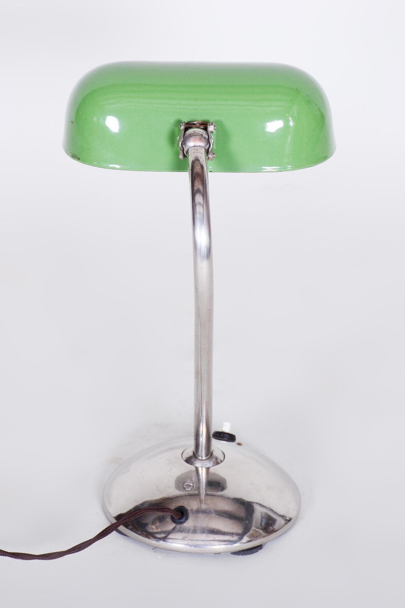 Metal Czech Chrome Green Bauhaus Table Lamp, Restored and Electrified, 1930s