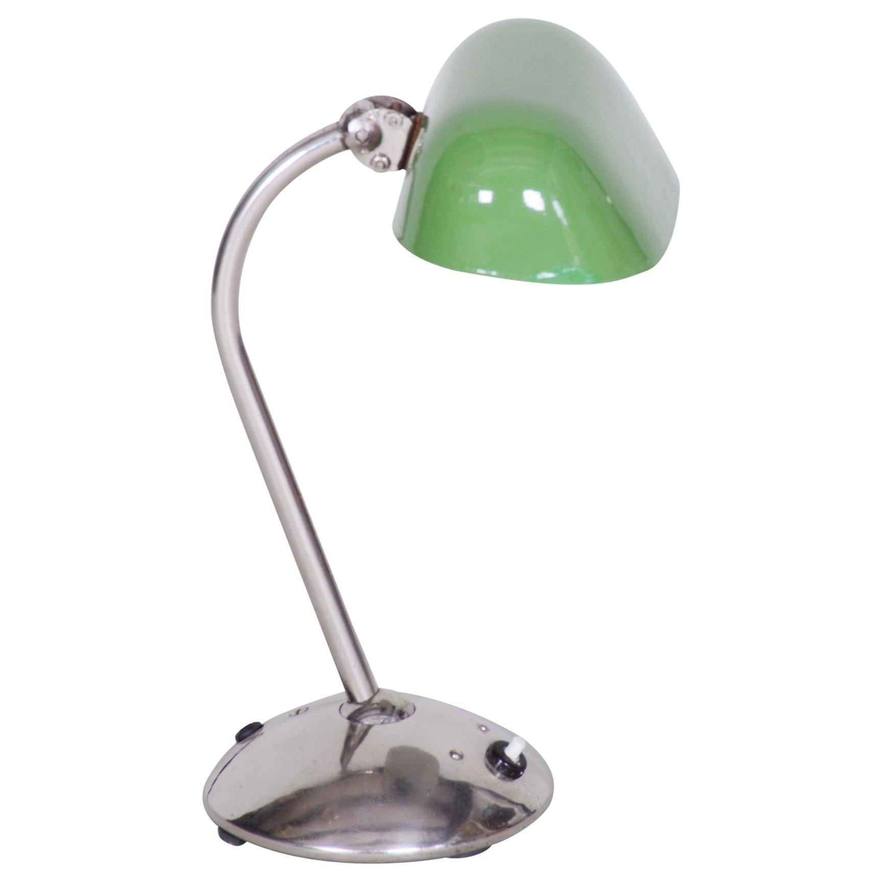 Czech Chrome Green Bauhaus Table Lamp, Restored and Electrified, 1930s