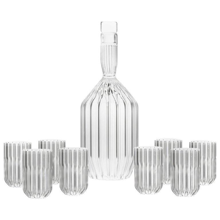 EU ClientsContemporary Decanter and Eight Liqueur Shot Glass Set, in Stock