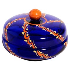 Czech Cobalt Blue and Orange Painted Jewelry Bowl