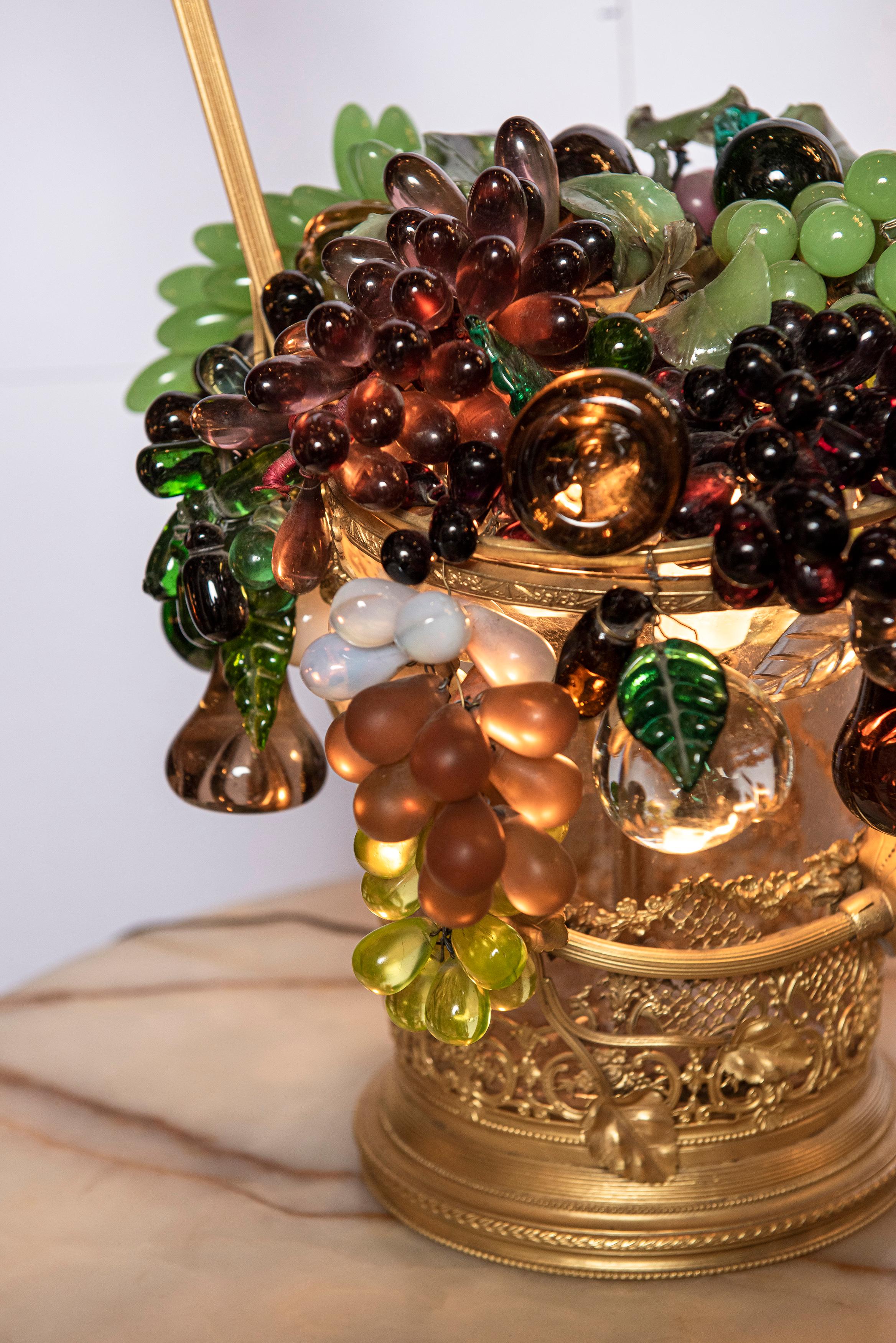 Neoclassical Czech Colored Glass and Bronze Fruit Basket Table Lamp. Circa 1890.  For Sale