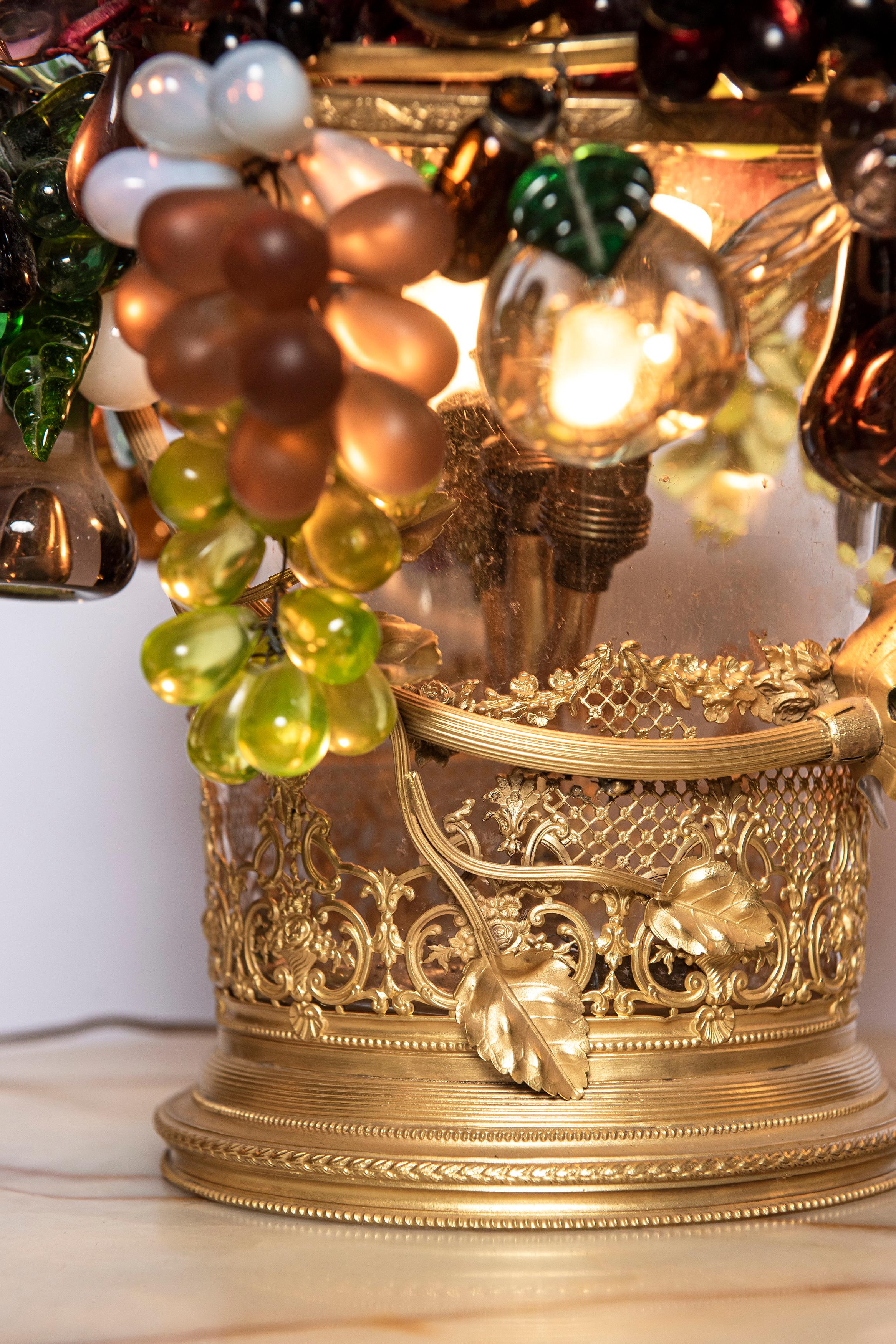 Czech Colored Glass and Bronze Fruit Basket Table Lamp. Circa 1890.  In Good Condition For Sale In Buenos Aires, Buenos Aires