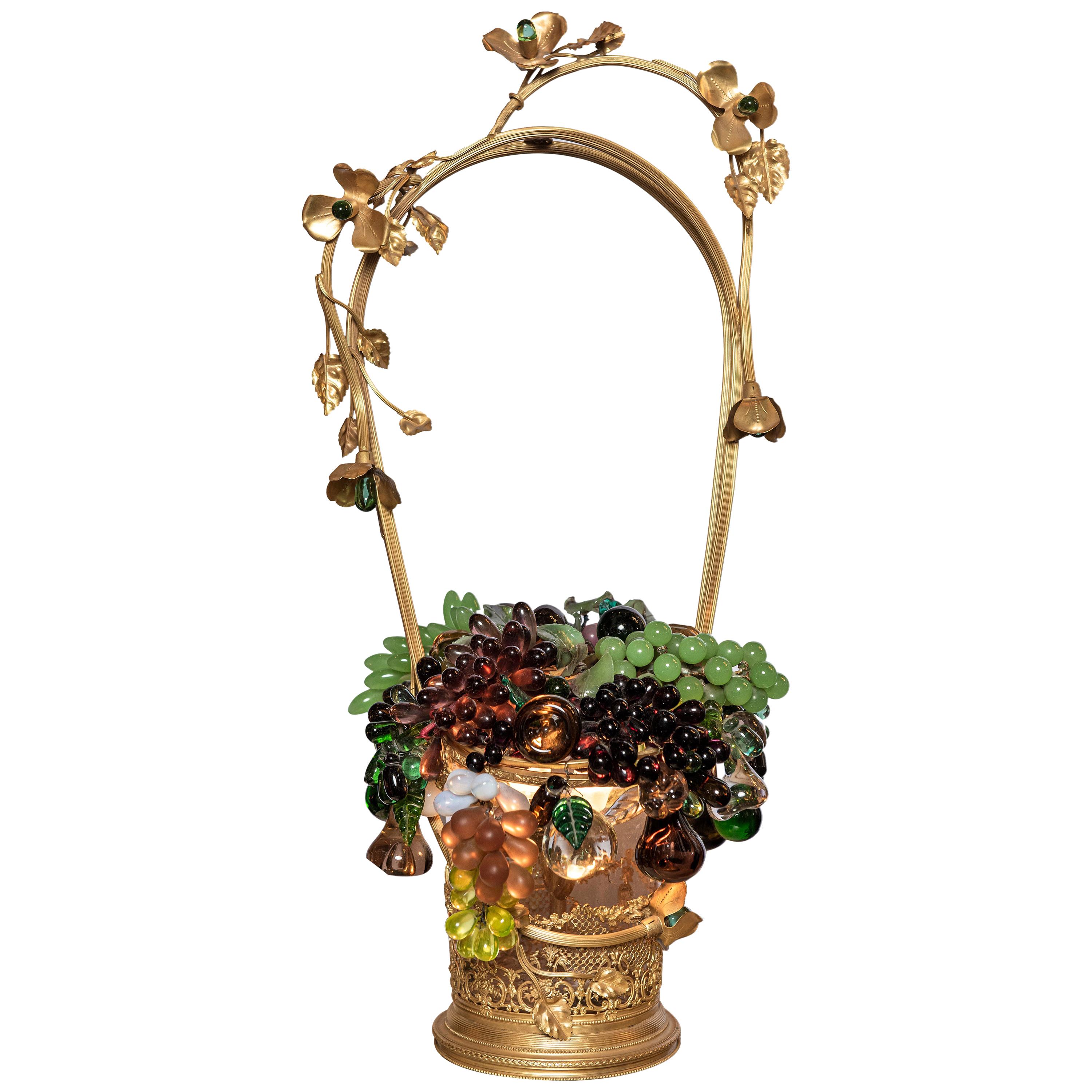 Czech Colored Glass and Bronze Fruit Basket Table Lamp. Circa 1890. 