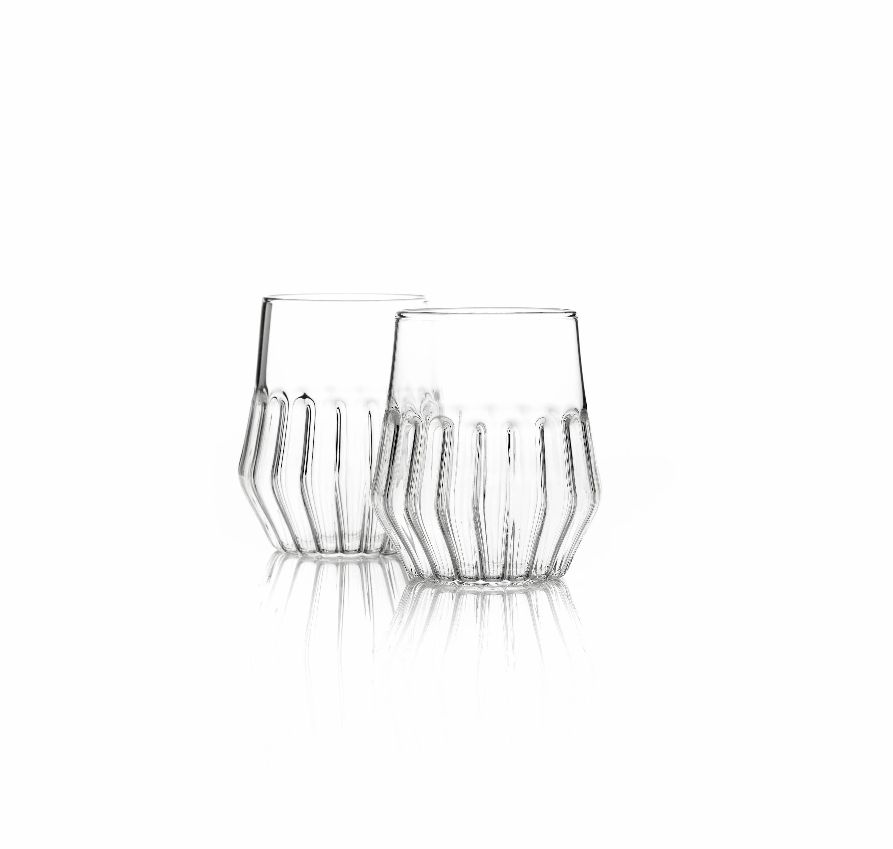 This set includes six mixed medium glasses and six mixed large glasses. 

With a special technique, the modern mixed collection combines two types of glass to create this contemporary clear glass collection. Retro yet contemporary it is perfect