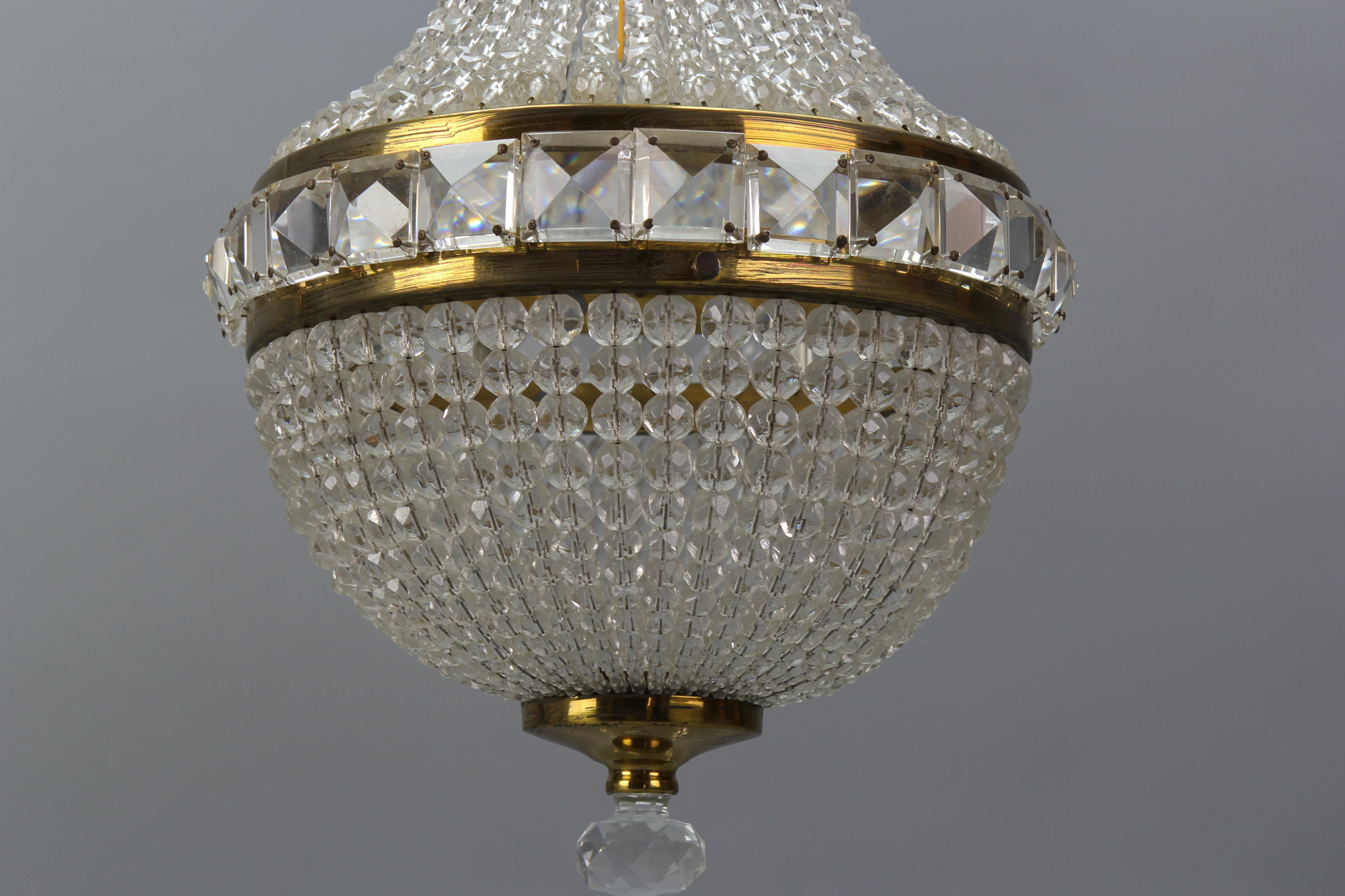 Brass Czech Crystal Beaded Empire Style Dome Chandelier For Sale