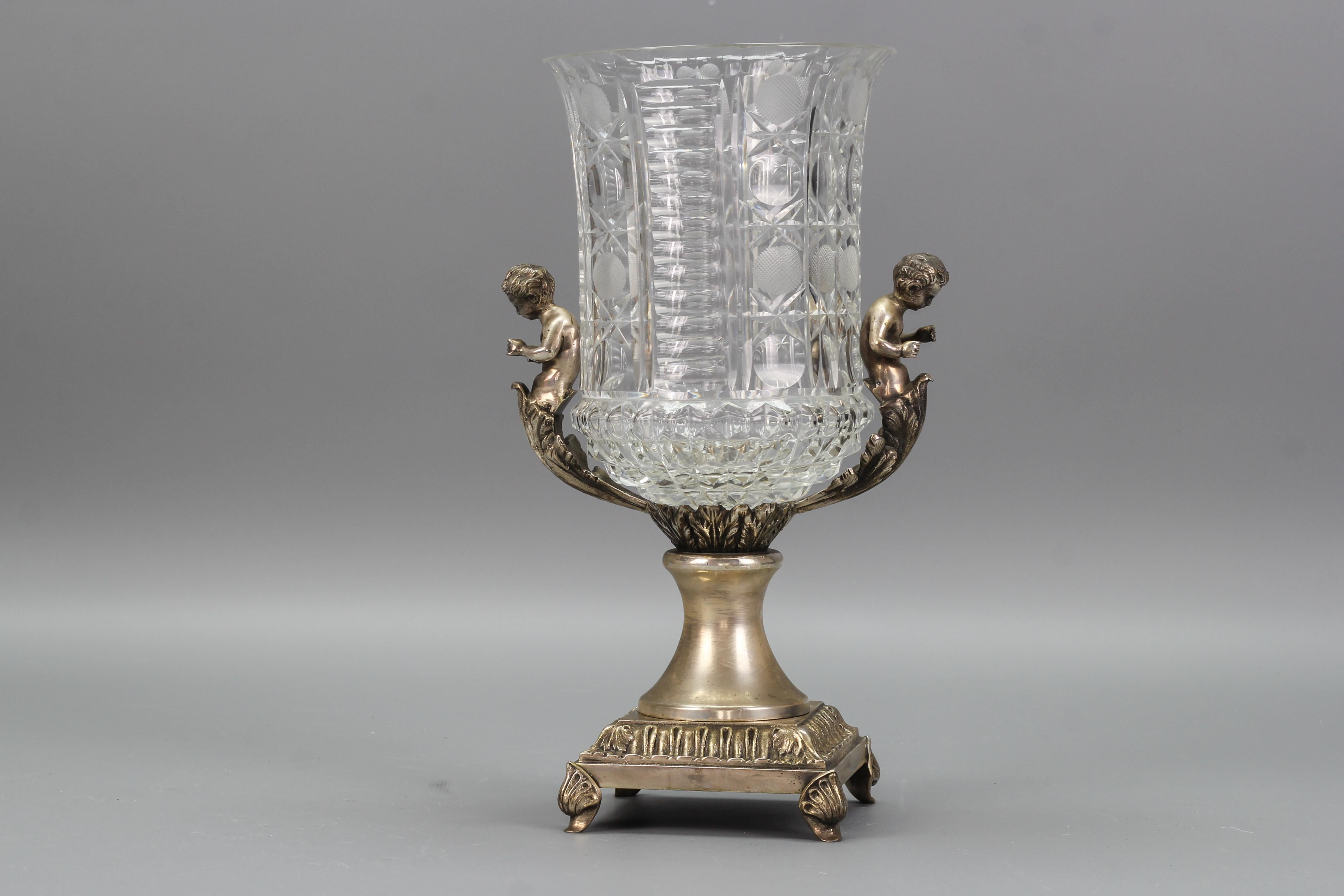 Czech Crystal Glass and Brass Vase with Cherubs, ca. 1970s For Sale 6