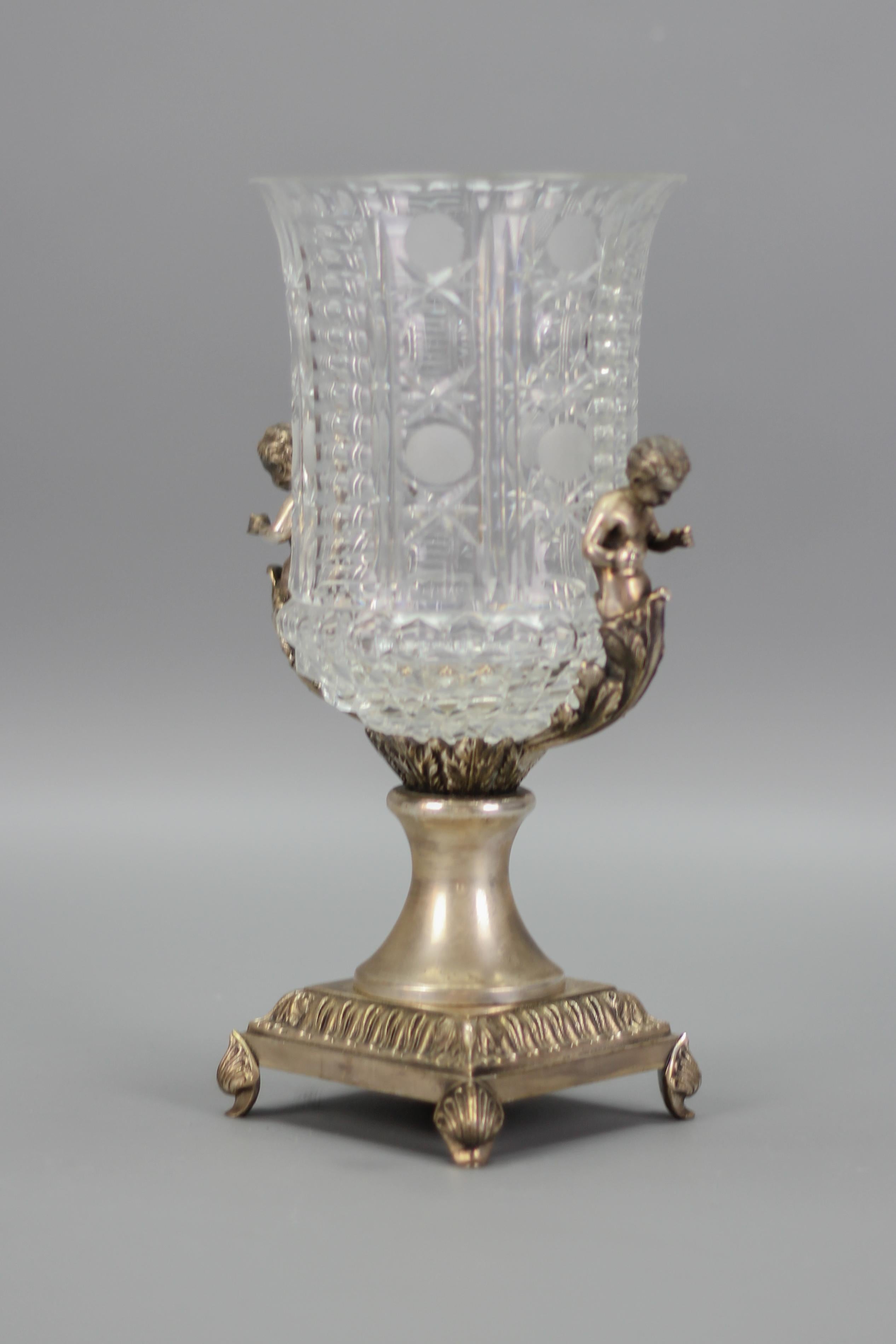 Victorian Czech Crystal Glass and Brass Vase with Cherubs, ca. 1970s For Sale