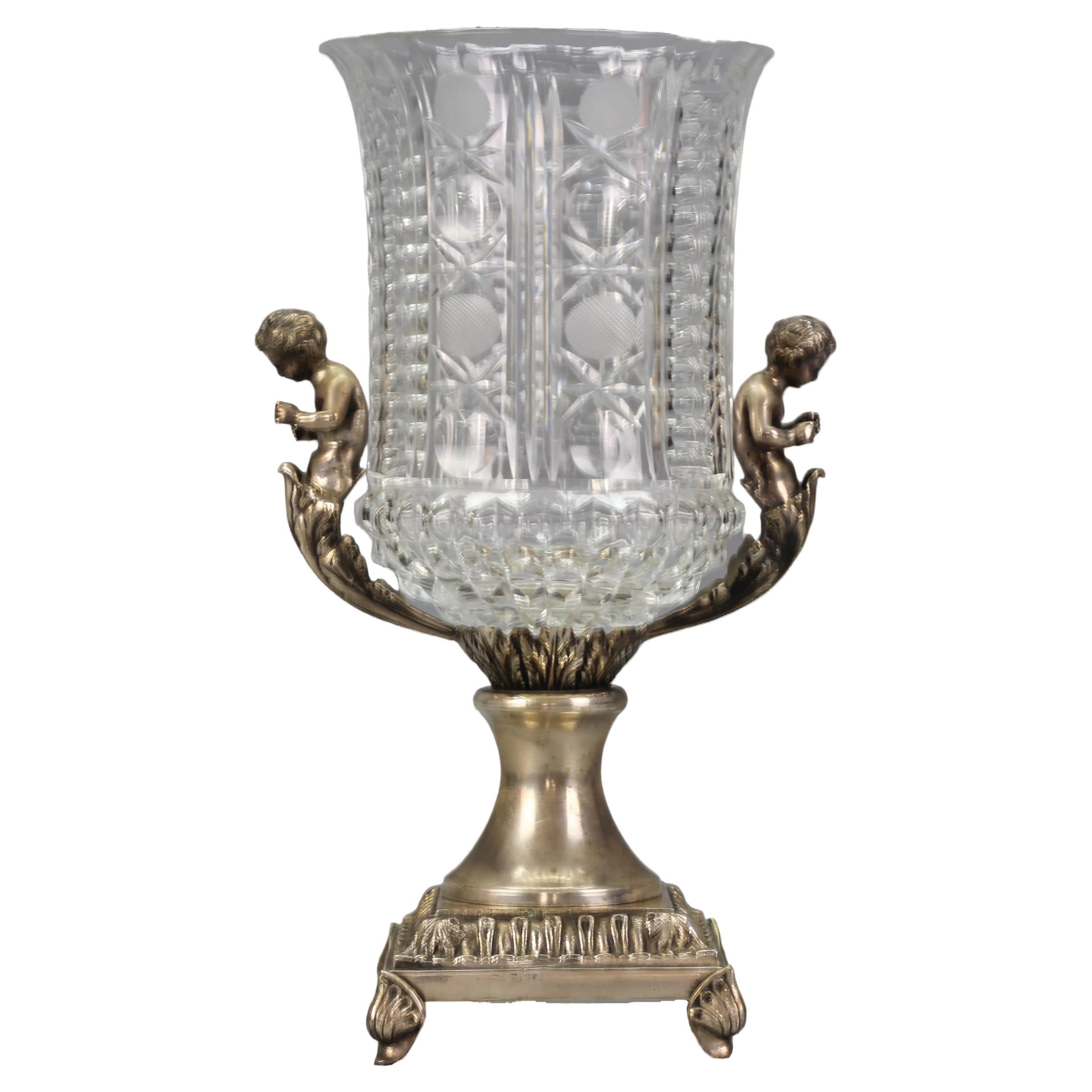 Czech Crystal Glass and Brass Vase with Cherubs, ca. 1970s For Sale