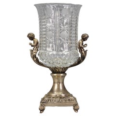 Used Czech Crystal Glass and Brass Vase with Cherubs, ca. 1970s