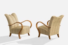 Czech Designer, Lounge Chairs, Wood, Fabric, Czech Republic, 1930s
