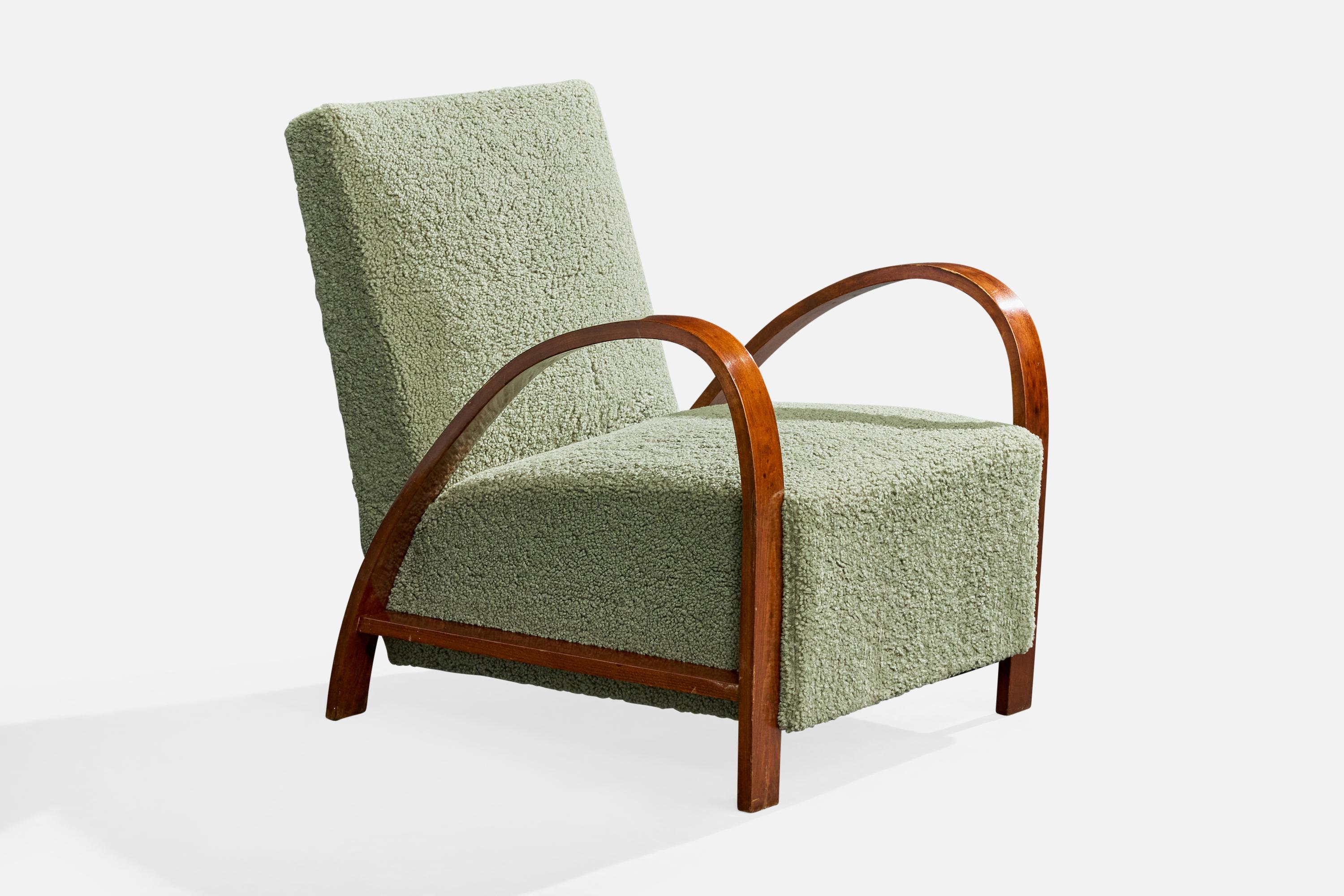 Tschechischer Designer, Loungesessel, Holz, Stoff, Tschechische Republik, 1930er Jahre (Mitte des 20. Jahrhunderts) im Angebot