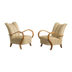 Czech Designer, Lounge Chairs, Wood, Fabric, Czech Republic, 1930s