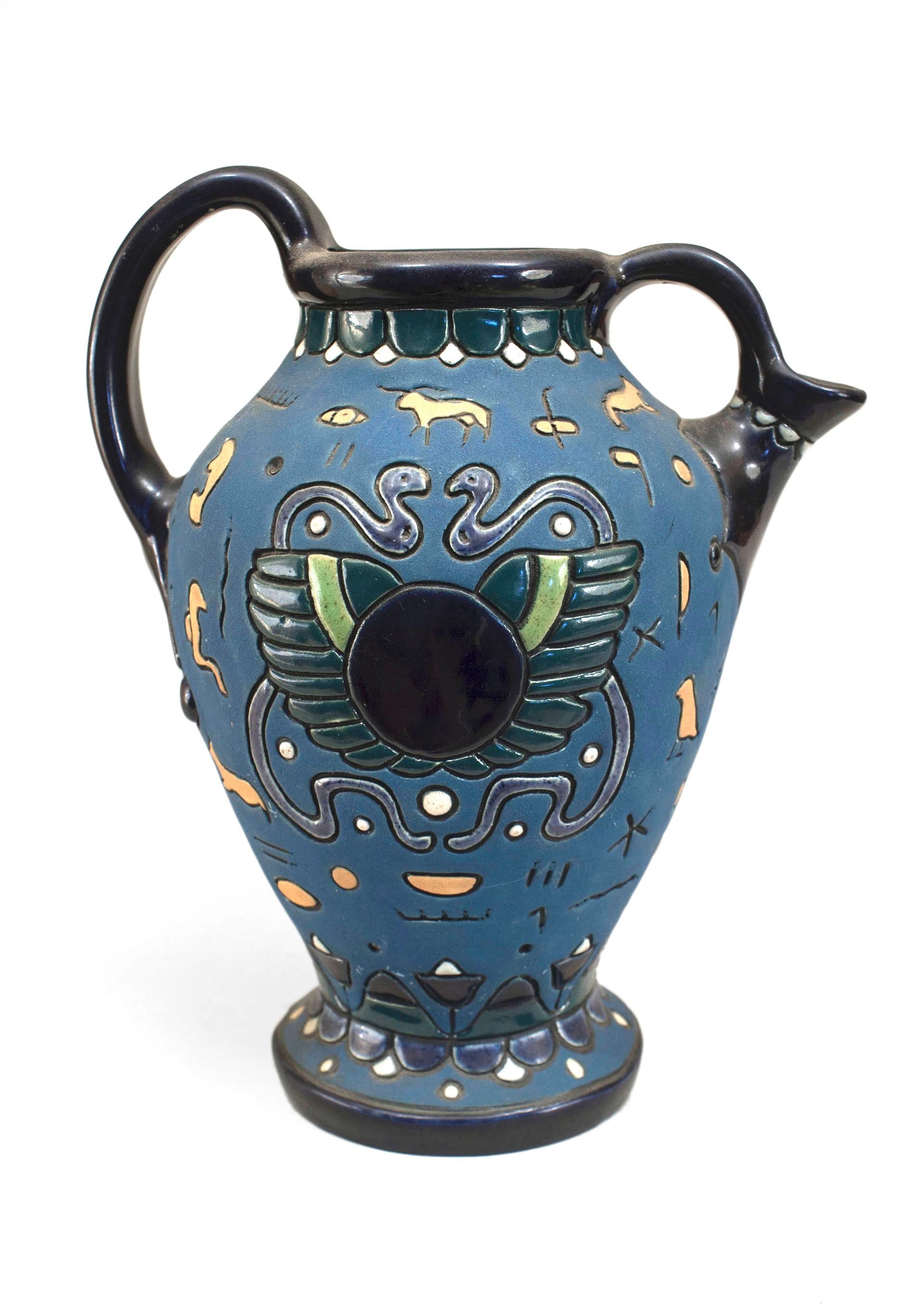 Czech Egyptian Revival Blue Amphora Pitcher In Good Condition For Sale In New York, NY