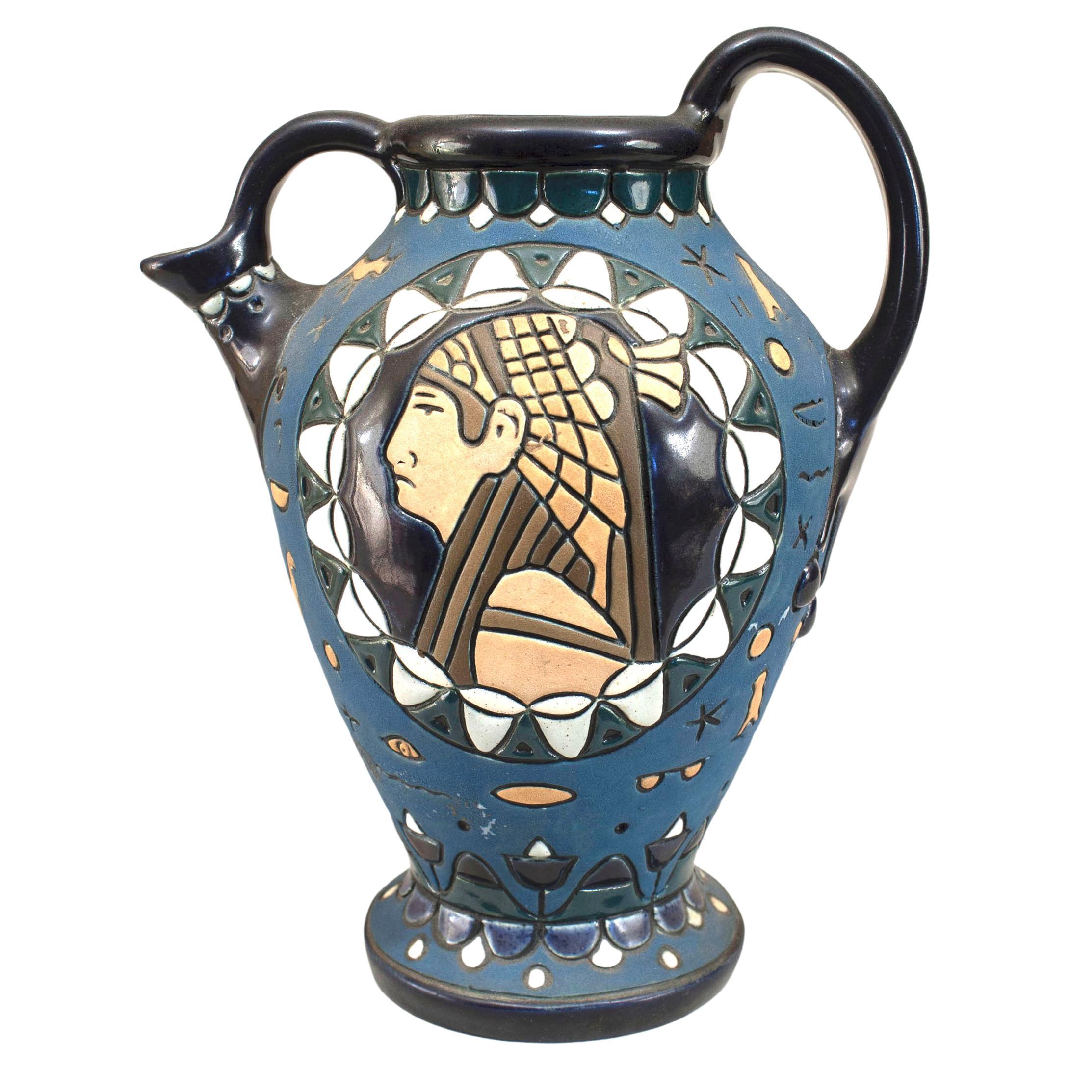 Czech Egyptian Revival Blue Amphora Pitcher For Sale