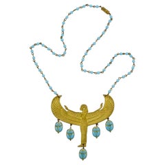 Vintage Czech Egyptian Revival Gold Plated Isis and Blue Glass Scarab Necklace