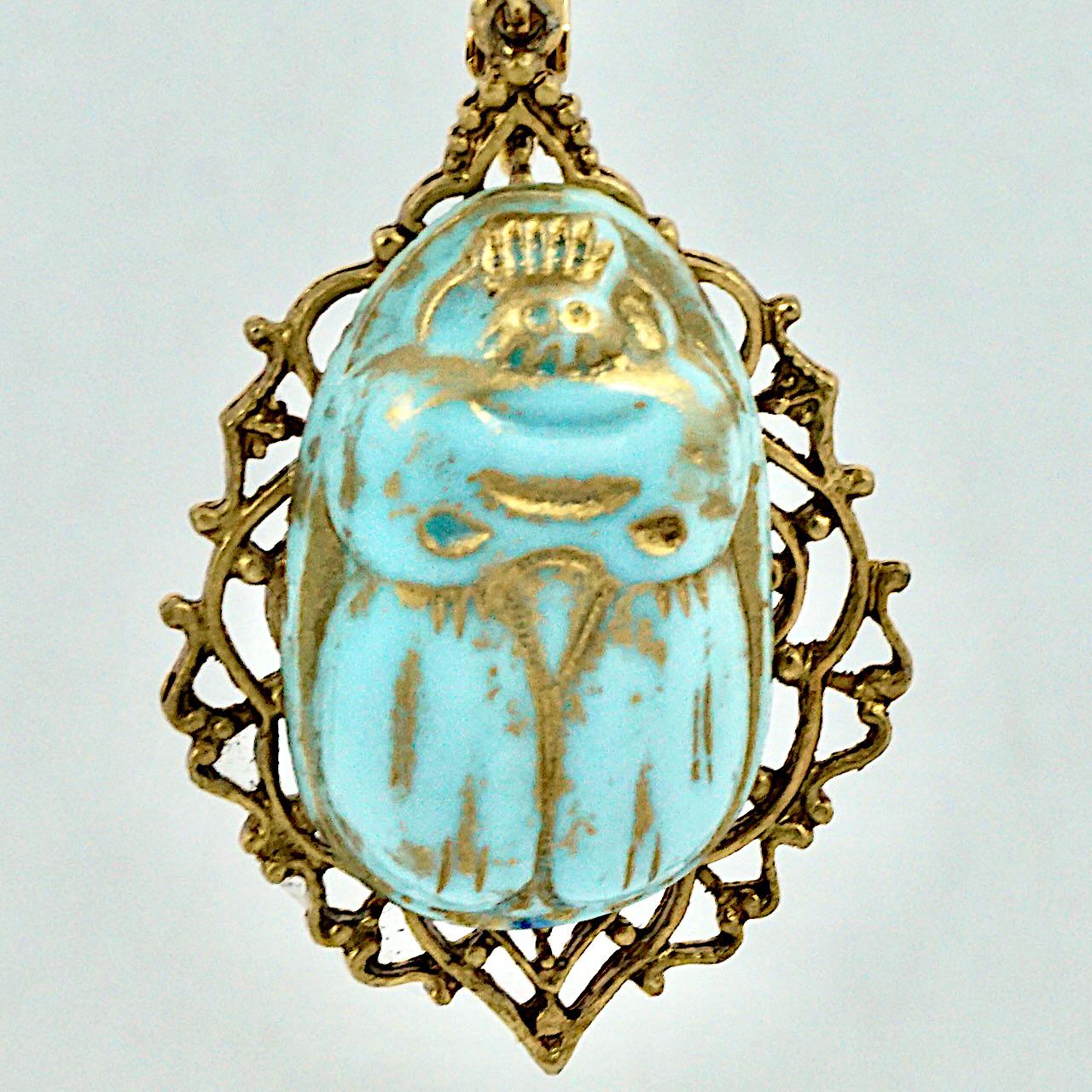 Women's or Men's Czech Egyptian Revival Ornate Gold Plated Blue Glass Scarab Clip On Earrings