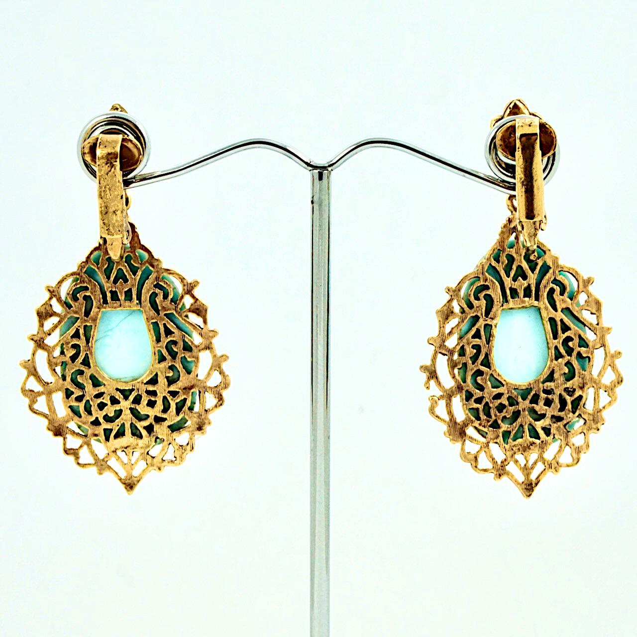Czech Egyptian Revival Ornate Gold Plated Blue Glass Scarab Clip On Earrings 1