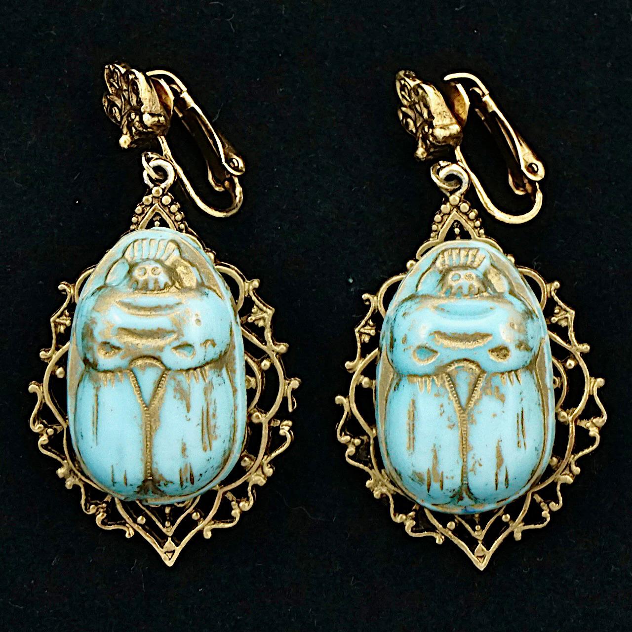 Czech Egyptian Revival Ornate Gold Plated Blue Glass Scarab Clip On Earrings 2