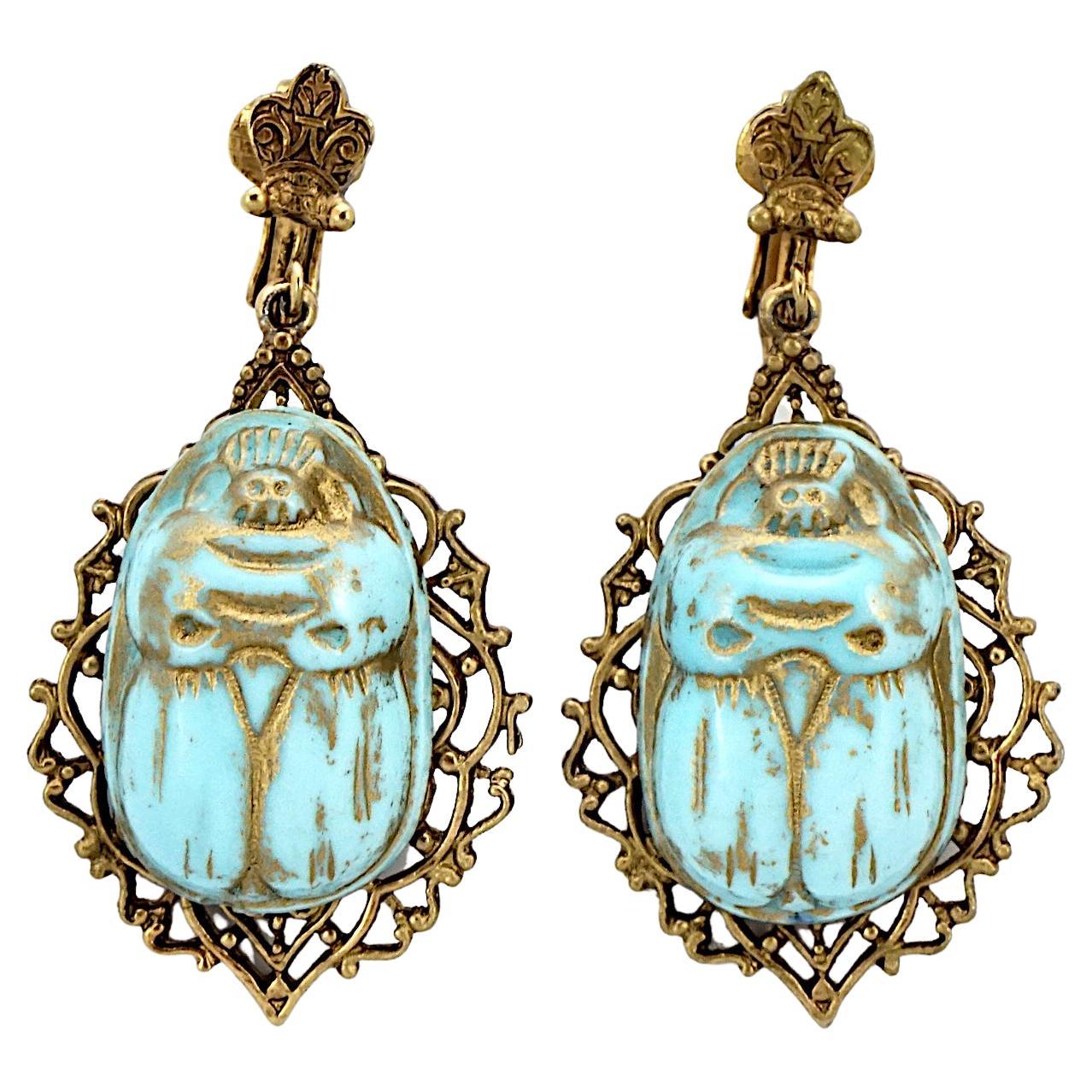 Czech Egyptian Revival Ornate Gold Plated Blue Glass Scarab Clip On Earrings