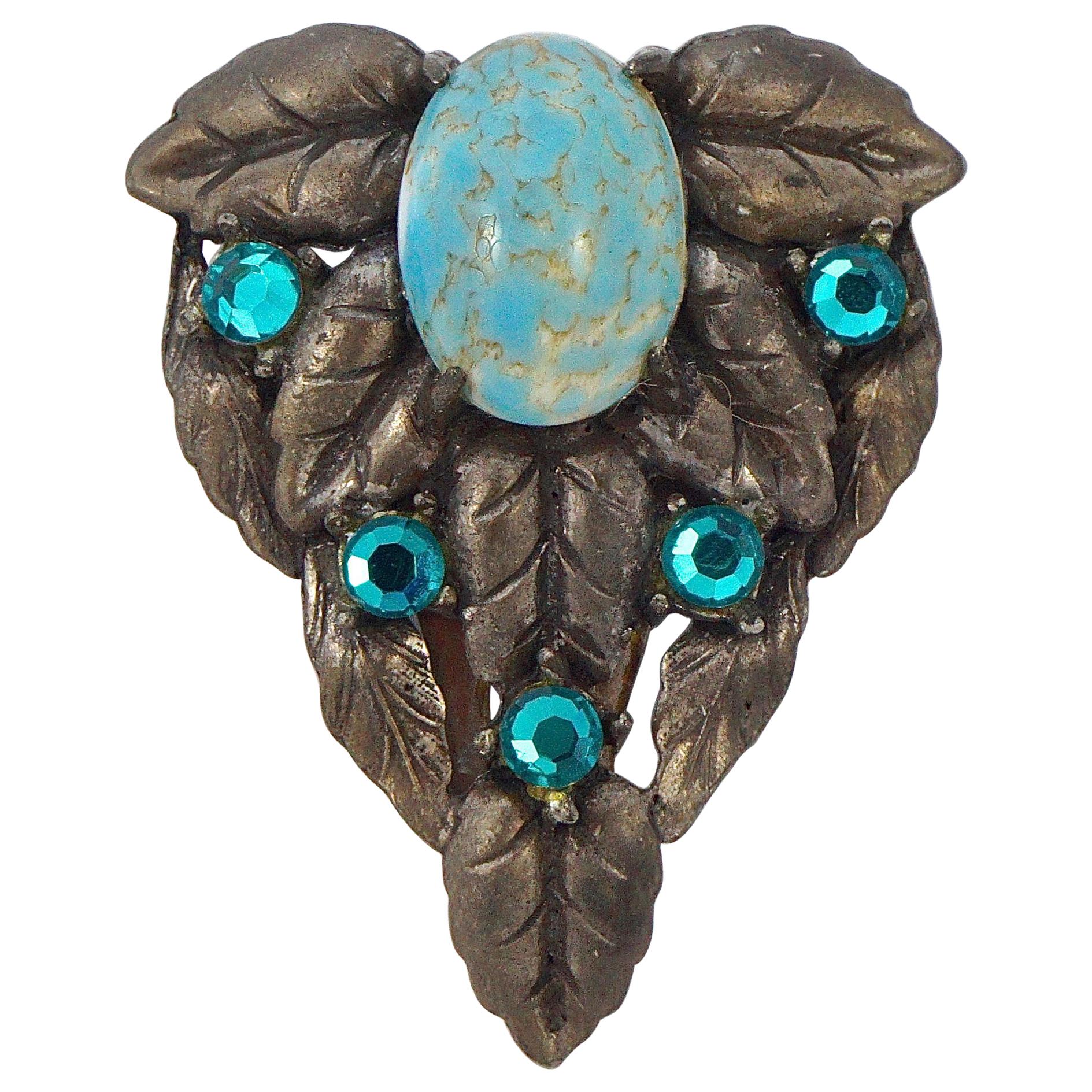 ornate frame 1940s brass colored faux turquoise cabochon Turquoise dress fur clip shield shape