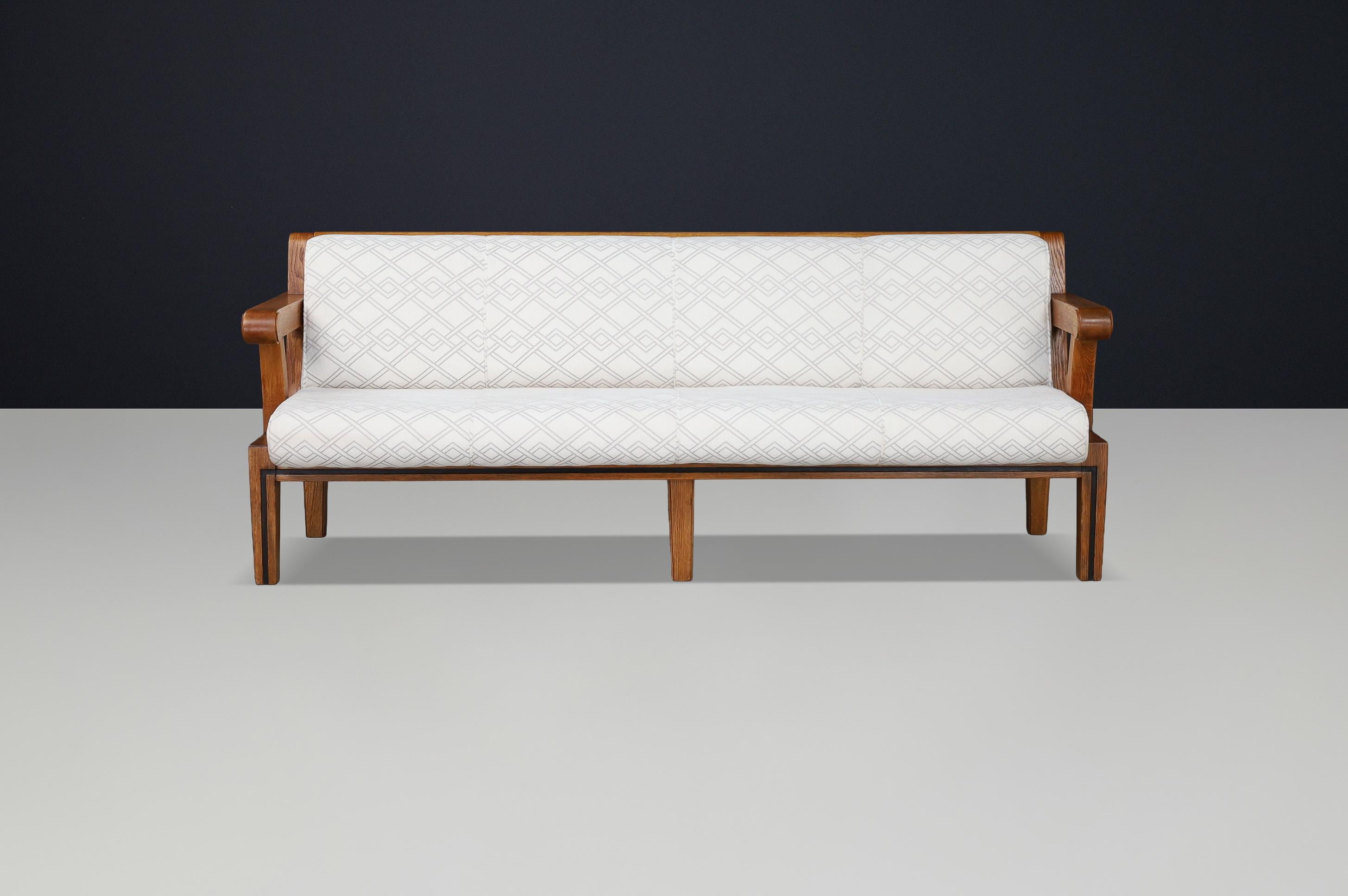 Upholstery Czech Functionalist Oak Three-Seat Sofa, Czechoslovakia, 1930s For Sale