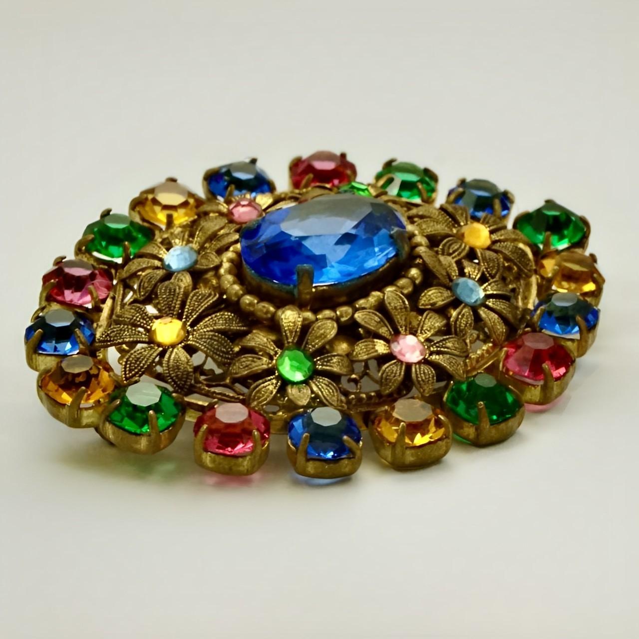 Czech Gilt Metal and Multi Coloured Glass Floral Brooch circa 1930s In Good Condition For Sale In London, GB