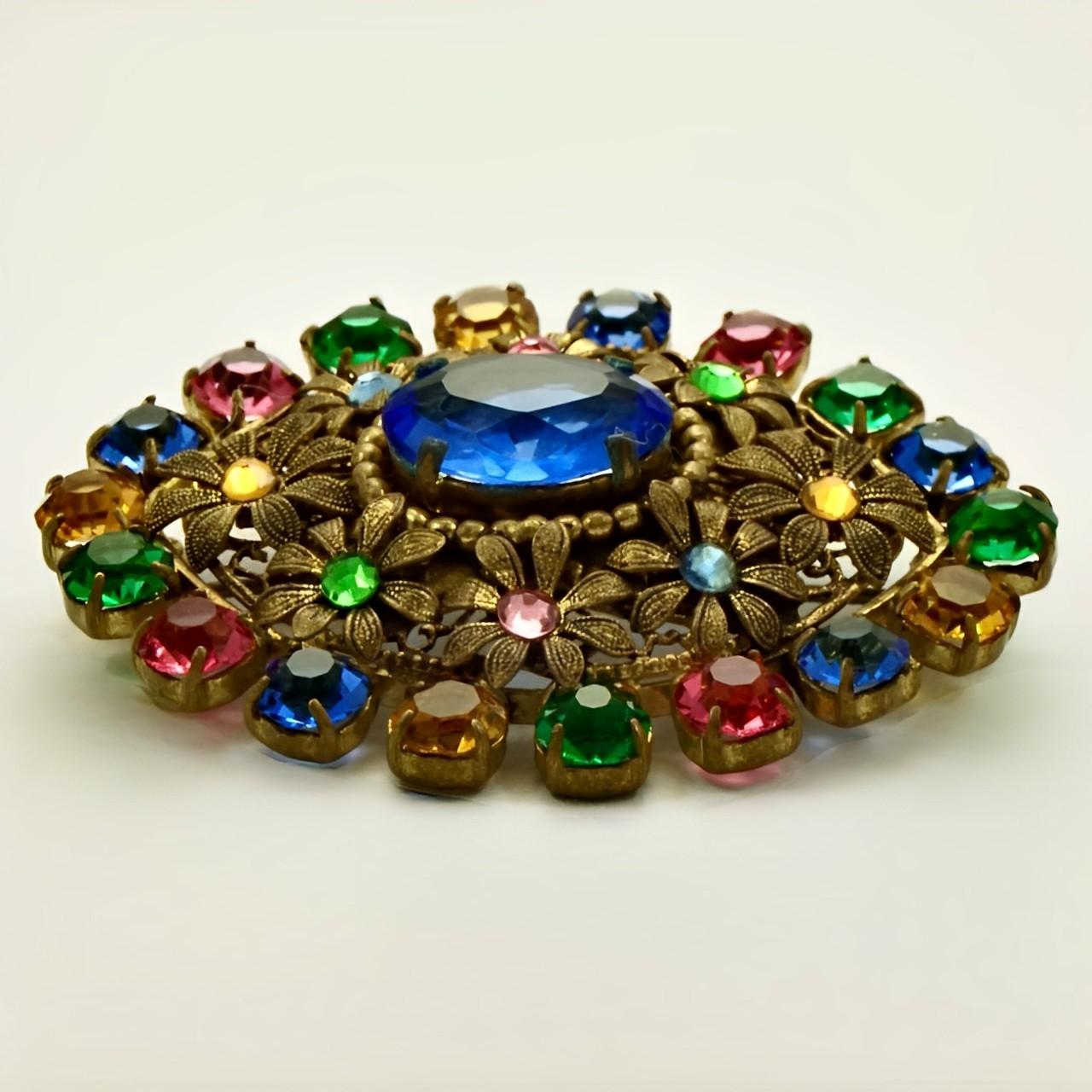 Women's or Men's Czech Gilt Metal and Multi Coloured Glass Floral Brooch circa 1930s For Sale