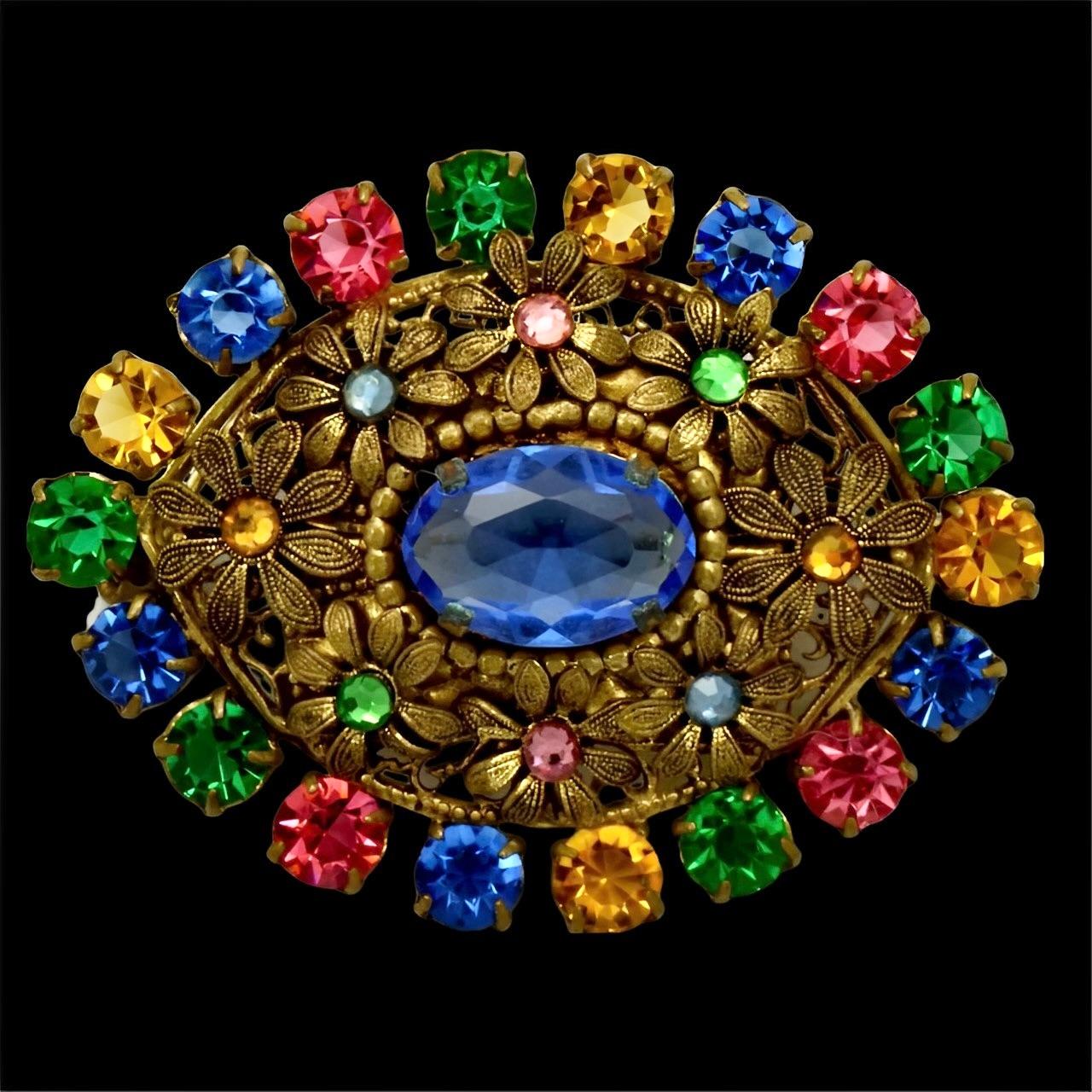 Czech Gilt Metal and Multi Coloured Glass Floral Brooch circa 1930s For Sale 1