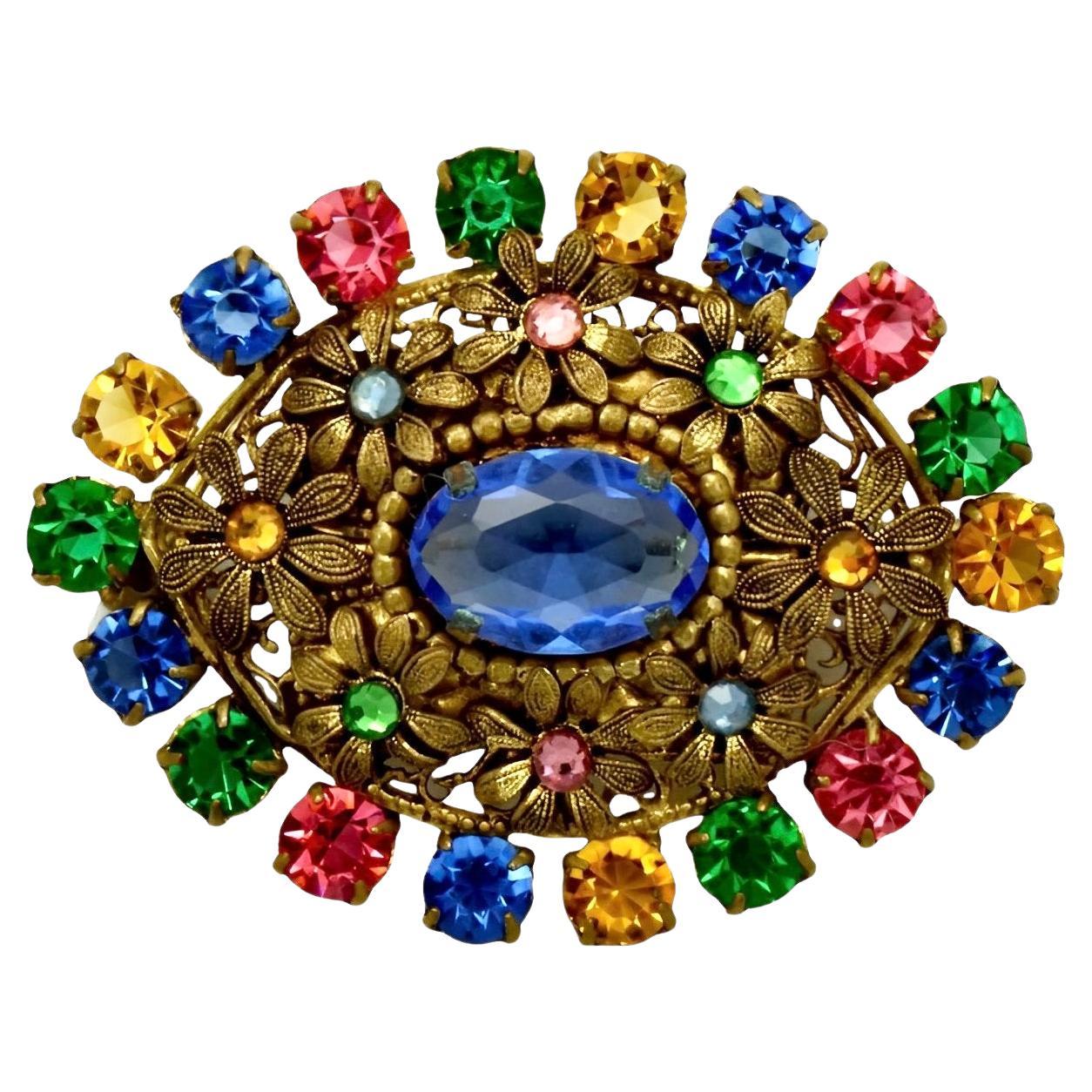 Czech Gilt Metal and Multi Coloured Glass Floral Brooch circa 1930s For Sale