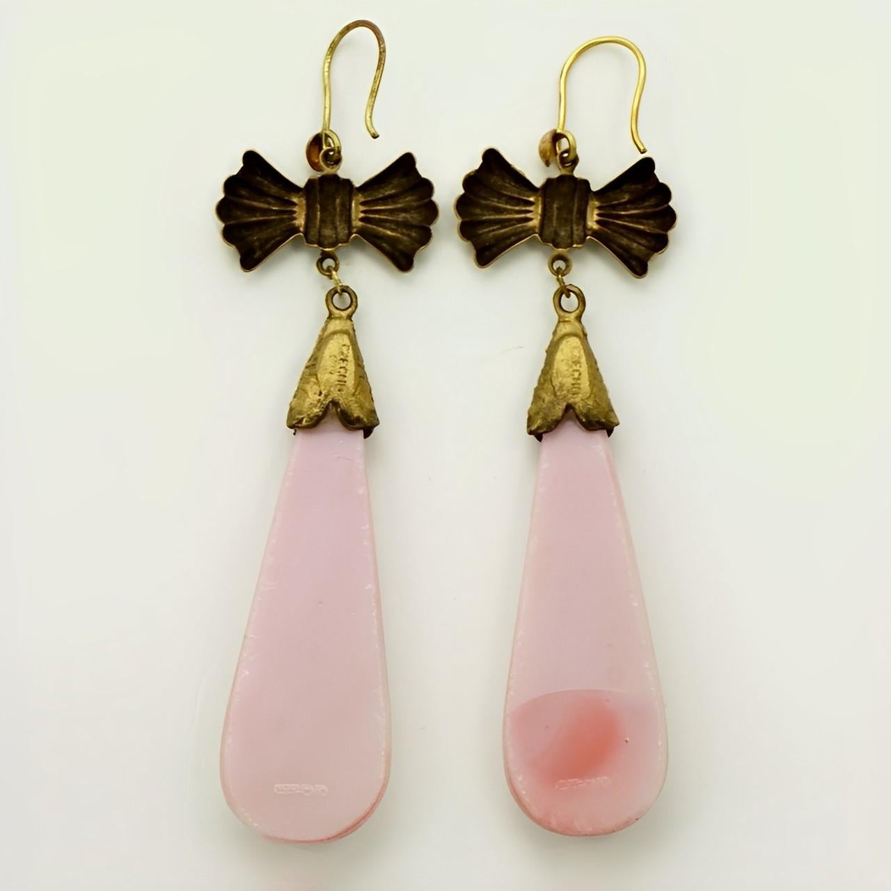 Women's or Men's Czech Gilt Metal and Pink Glass Drop Statement Earrings  For Sale