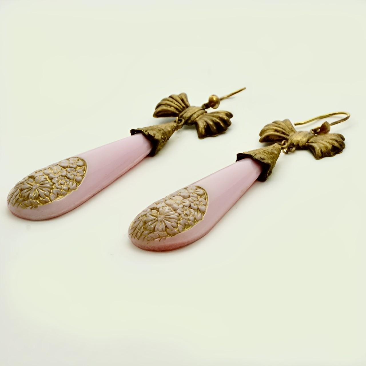 Czech Gilt Metal and Pink Glass Drop Statement Earrings  For Sale 3