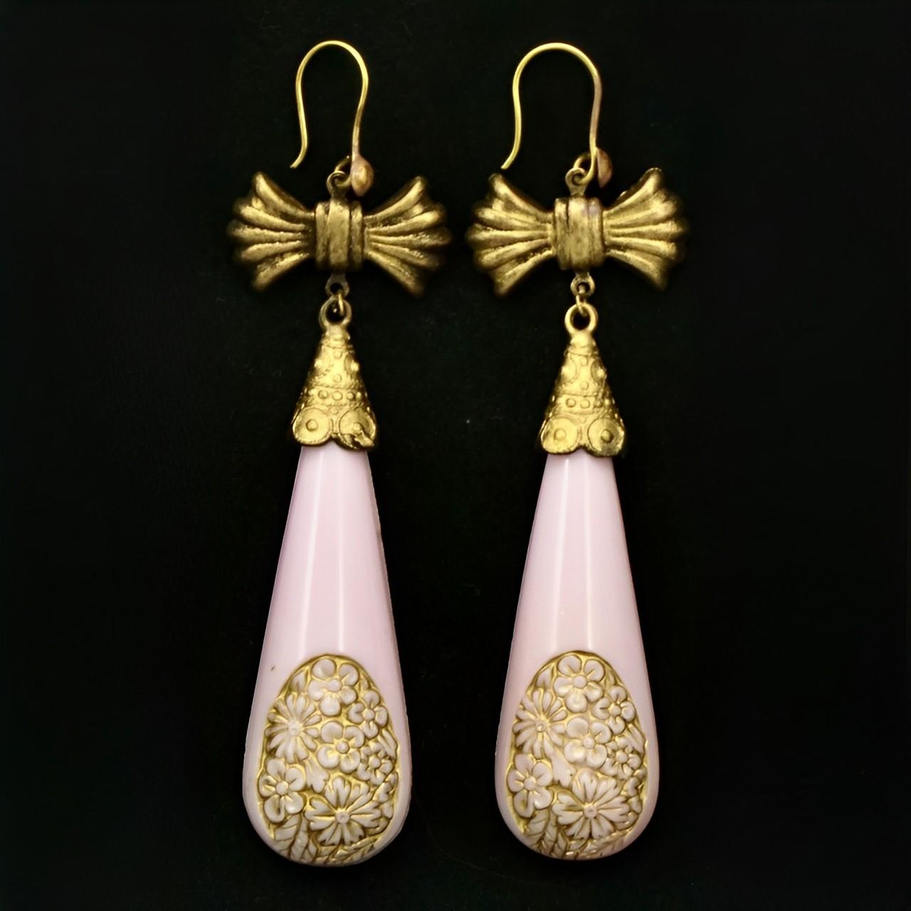 Czech Gilt Metal and Pink Glass Drop Statement Earrings  For Sale 4