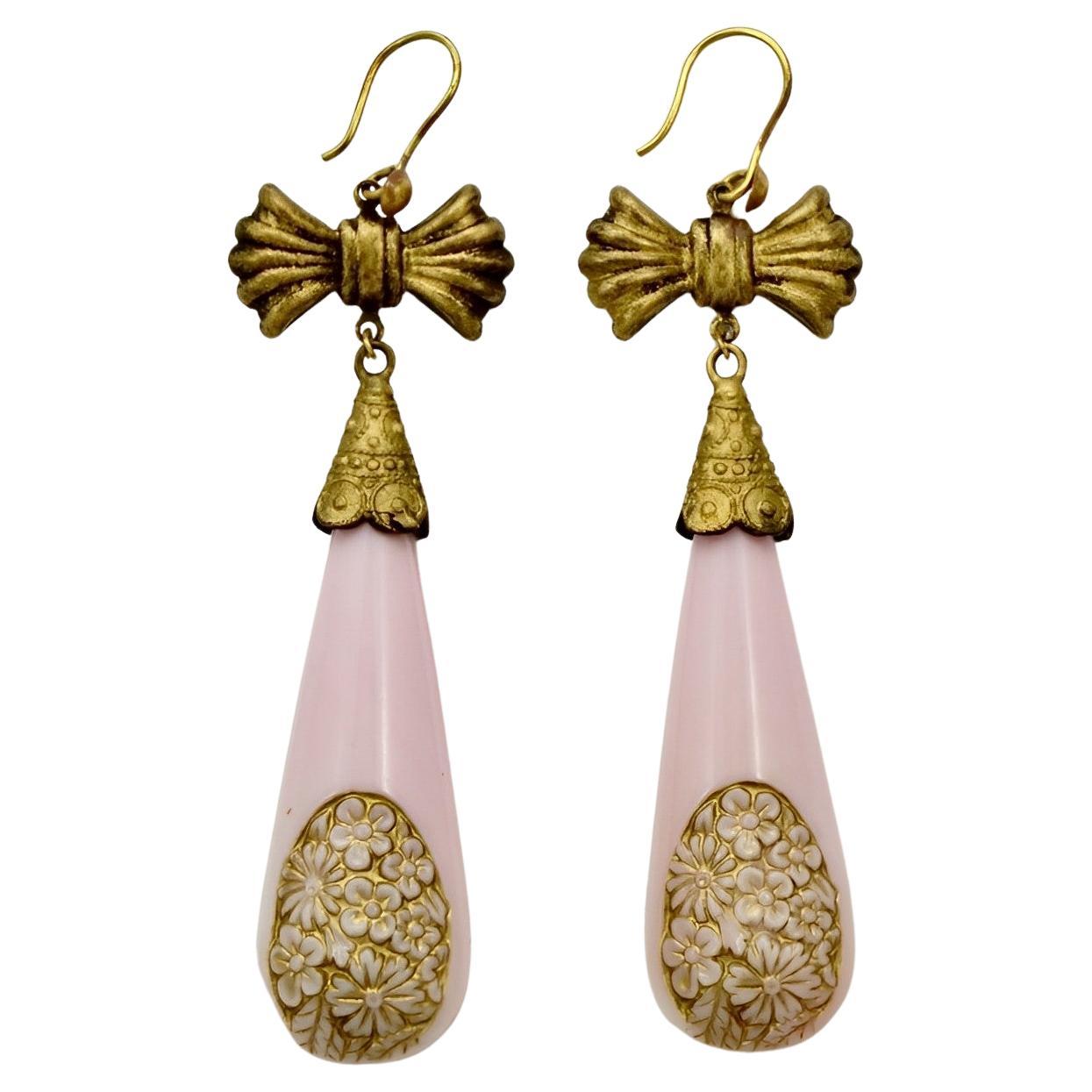 Czech Gilt Metal and Pink Glass Drop Statement Earrings  For Sale