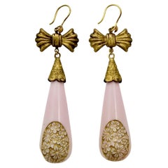 Czech Gilt Metal and Pink Glass Drop Statement Earrings 