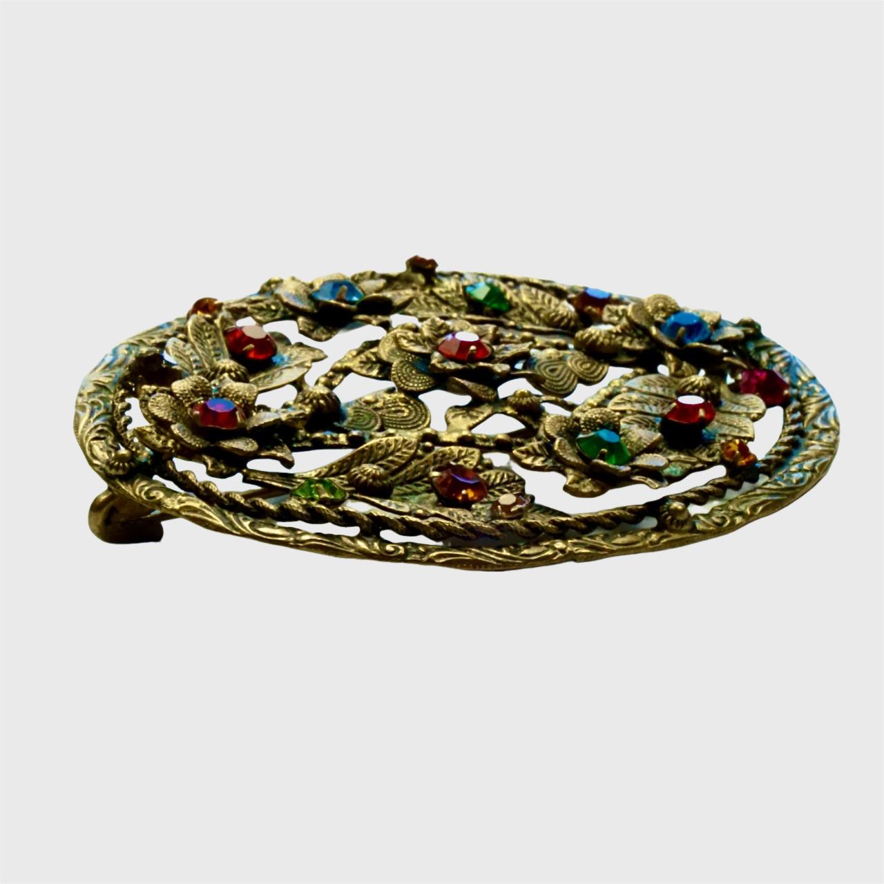 Czech Gilt Metal Black Enamel and Multi Coloured Glass Floral Brooch circa 1930s In Good Condition For Sale In London, GB