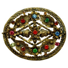 Czech Gilt Metal Black Enamel and Multi Coloured Glass Floral Brooch circa 1930s