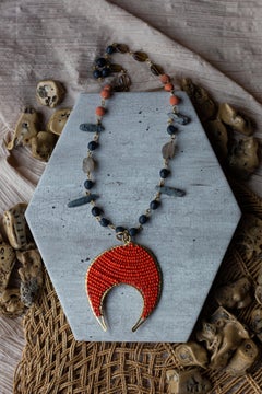 Coral Czech Glass, Quartz and Blue Kyanite Long Beaded Crescent Moon Necklace
