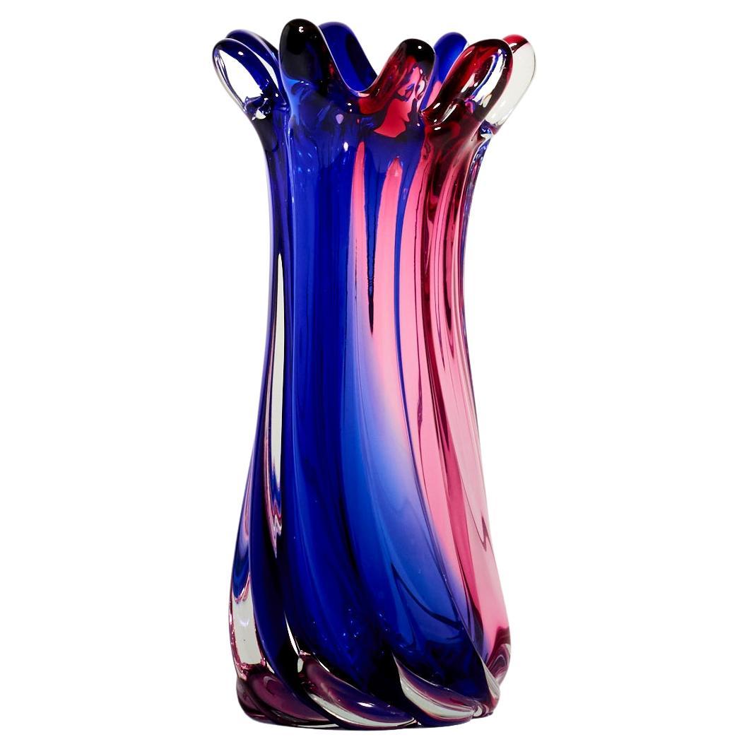 Czech Lapis Blue and Cerise Pink Swirled Vase