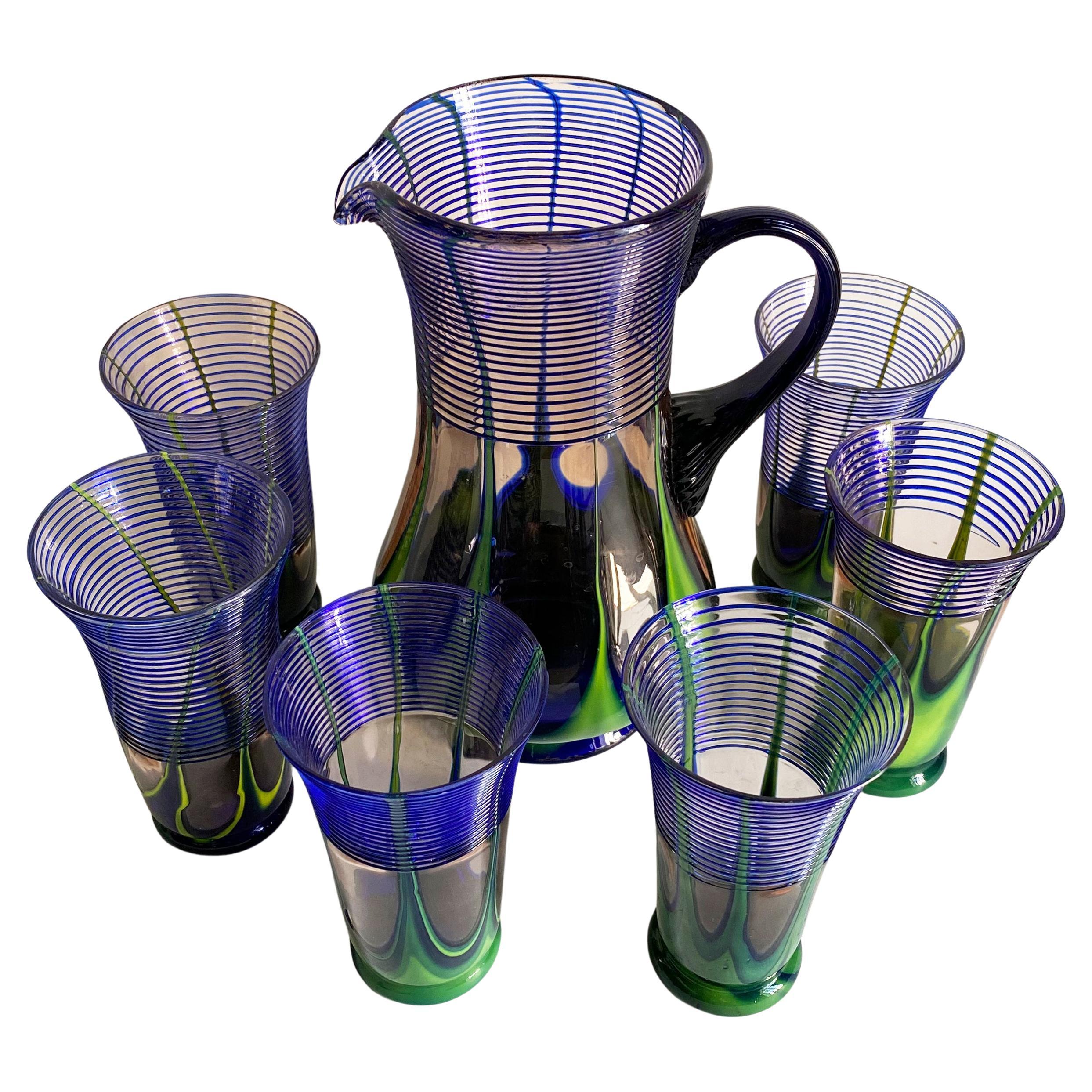 Czech “Lines & Canes” Art Glass Beverage Set -- Attributed to Ernst Steinwald