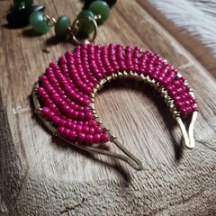 Magenta Czech Glass, Wood, Green Crystal Long Beaded Moon Choker Necklace