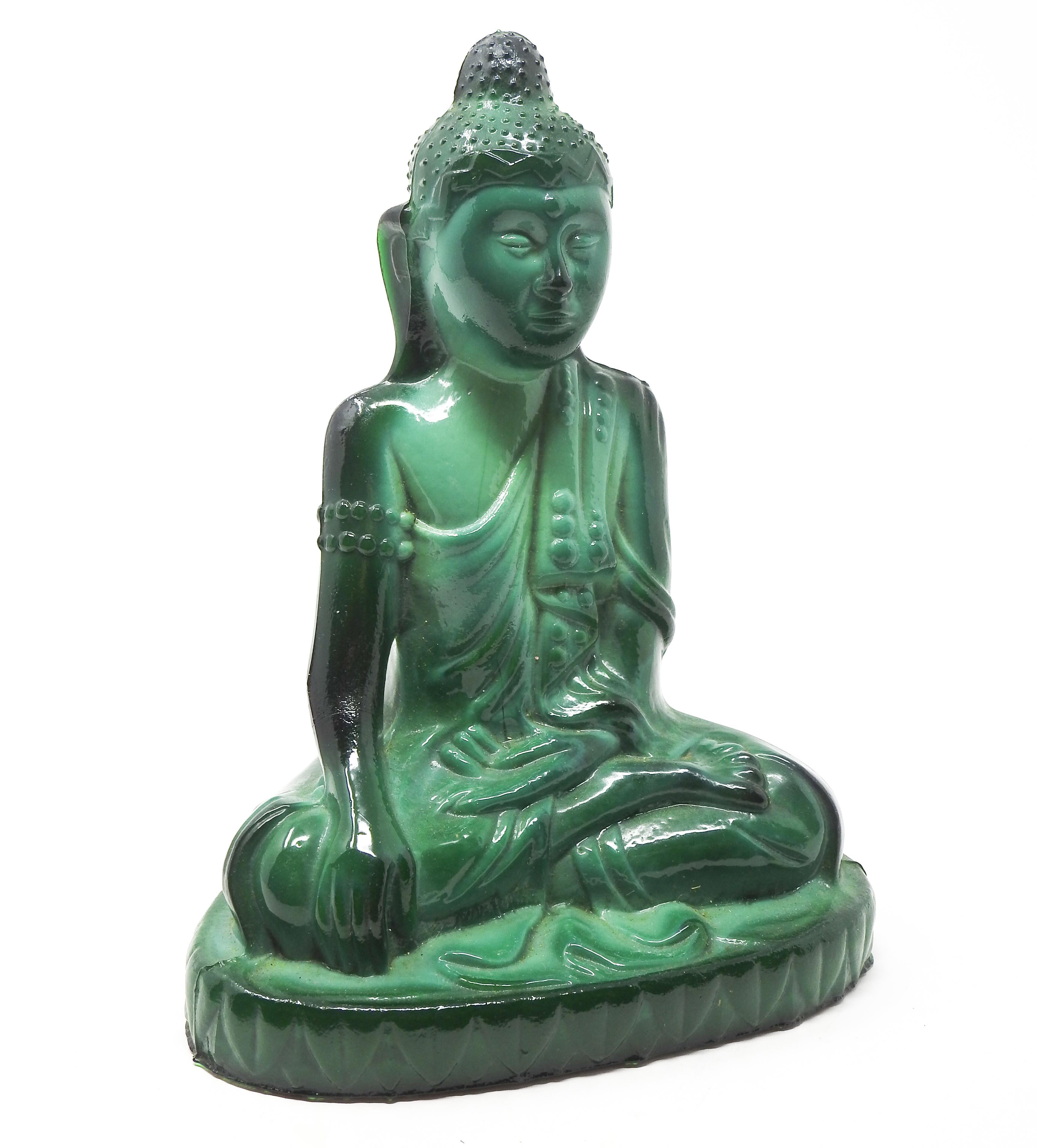 Deco era malachite glass Buddha by Schlevogt from the Ingrid collection. The Buddha is sitting and all the robes and details are gorgeous. Made in Bohemia at the Schlevogt Hoffmann glassworks in the late 1920s-early 1930s.