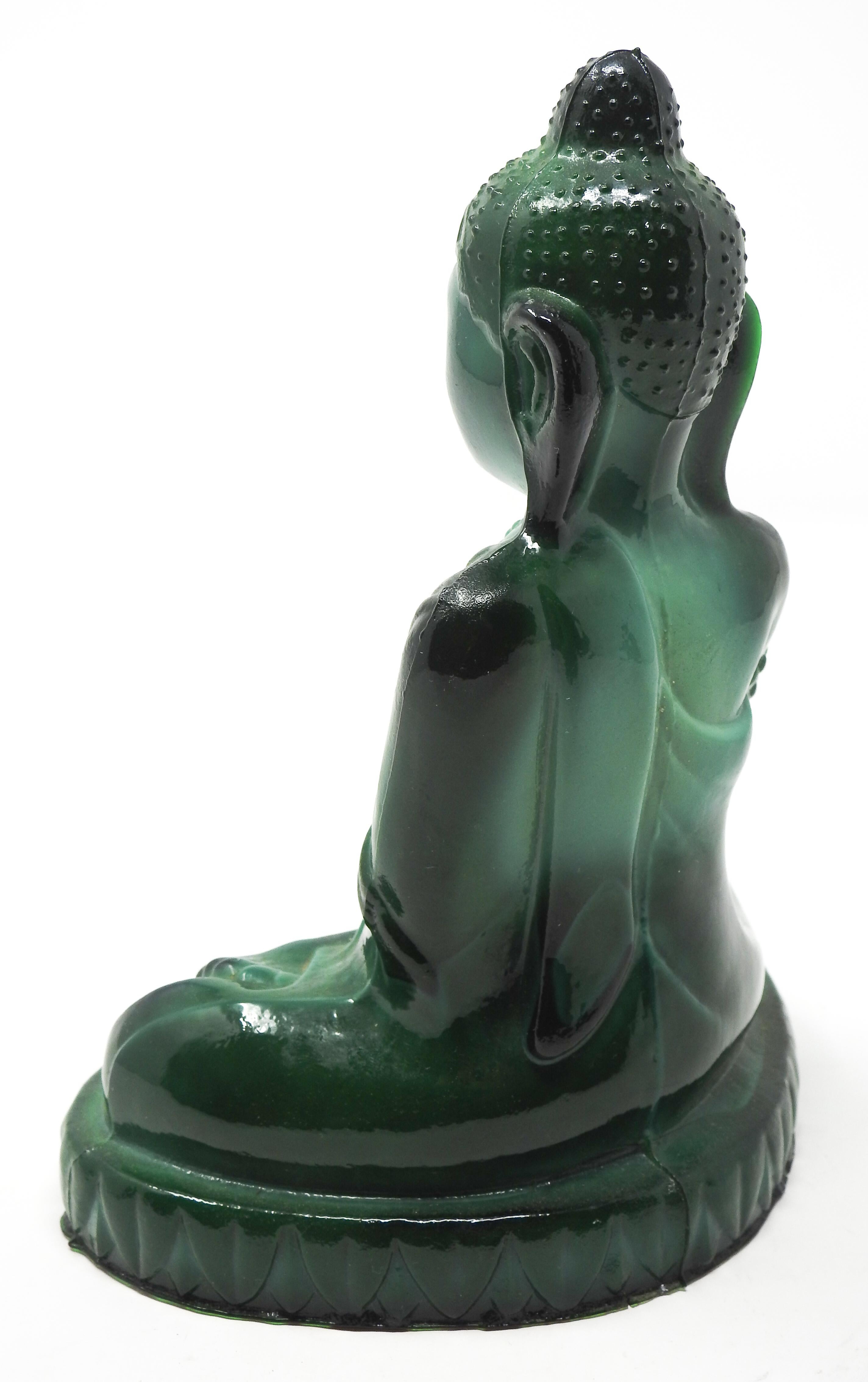 Czech Malachite Glass Buddha Sculpture, Schlevogt Hoffmann In Good Condition For Sale In Cookeville, TN