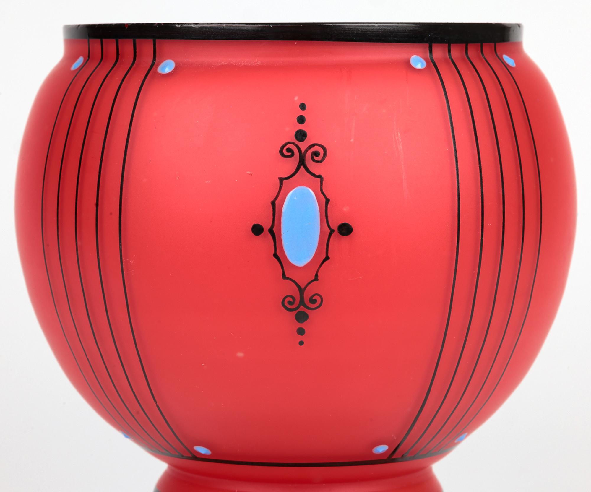 A stunning Art Deco Czech jewelled and linear pattern satin art glass vase in the style of Michael Powolny (Austrian, 1871-1954) and dating from around 1925.

The hand-crafted vase stands on a flat rounded narrow base with an integral pedestal style