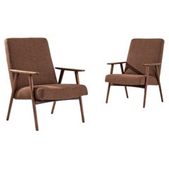 Vintage Czech Mid-Century Burgundy bouclé Upholstered Armchairs, a Pair