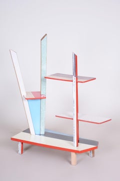 Czech Midcentury Blue and Red Flower Stand, Beech and Formica, 1950s